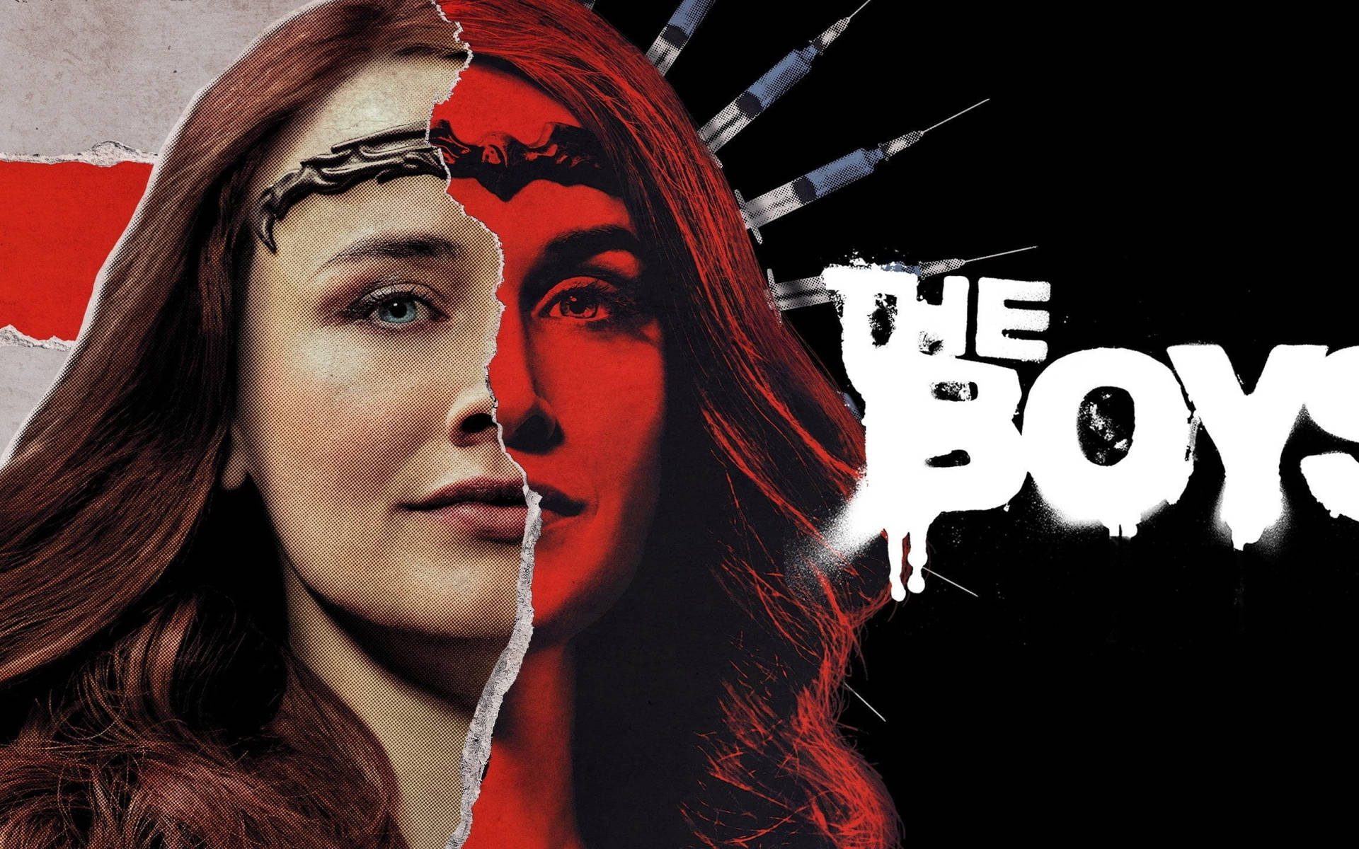 一位女性的臉從中間分裂，針筒刺穿她的頭部，標題為The Boys。