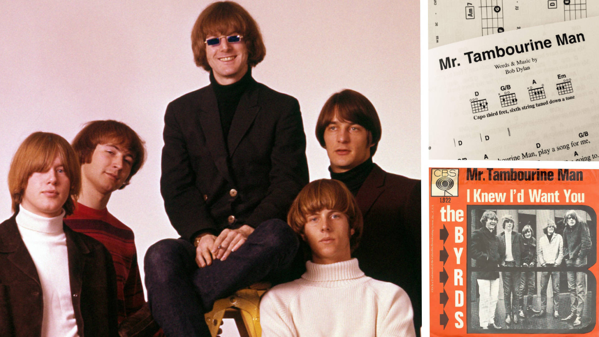 The Byrds《Mr. Tambourine Man》1965 壁紙 — The Byrds 樂隊成員穿著1960年代摩登服裝，在他們的《Mr. Tambourine Man》專輯封面和結他和弦旁擺姿勢。