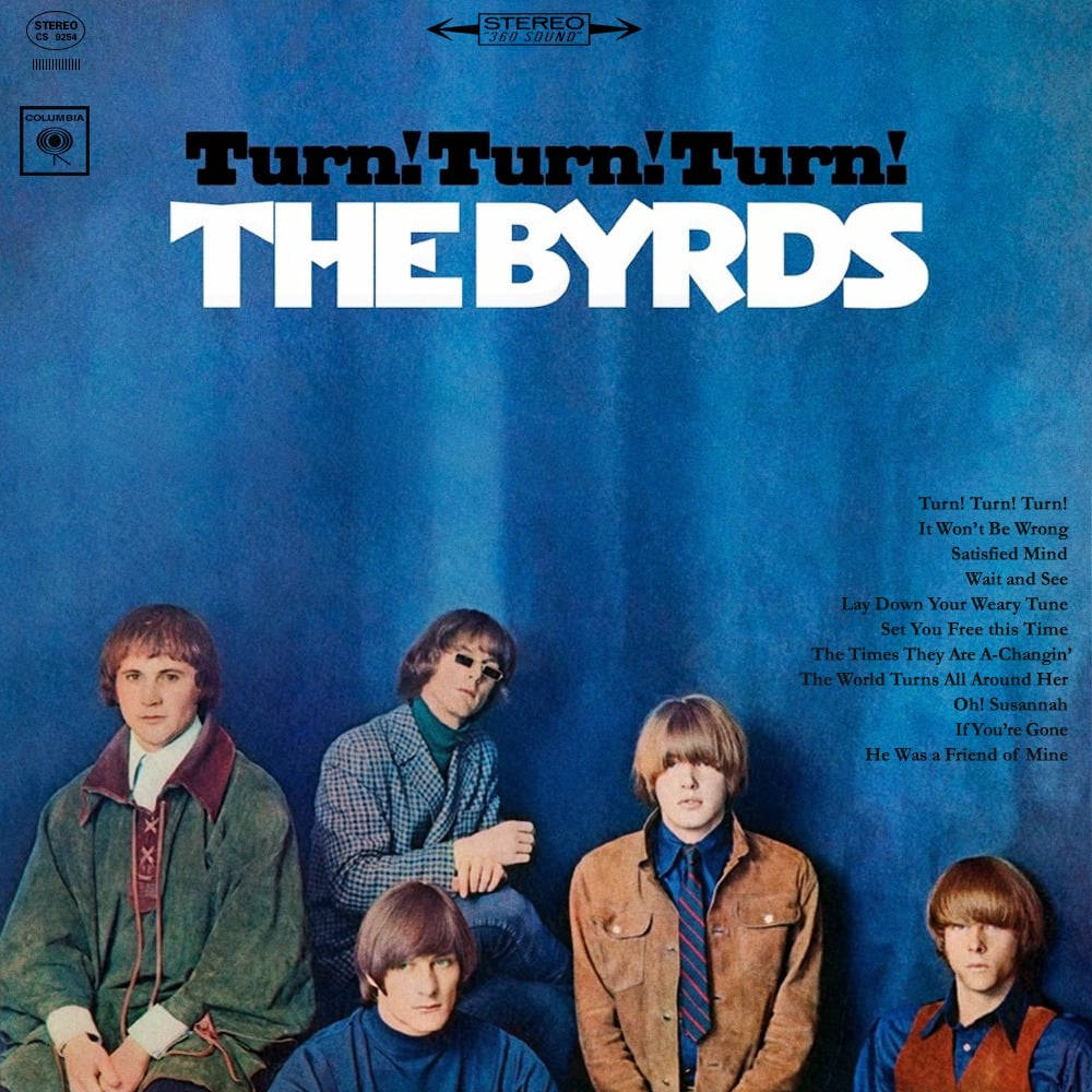 The Byrds《Turn! Turn! Turn!》 壁紙 — The Byrds 的五位成員在他們《Turn! Turn! Turn!》專輯封面上，以純藍色背景擺出姿勢。