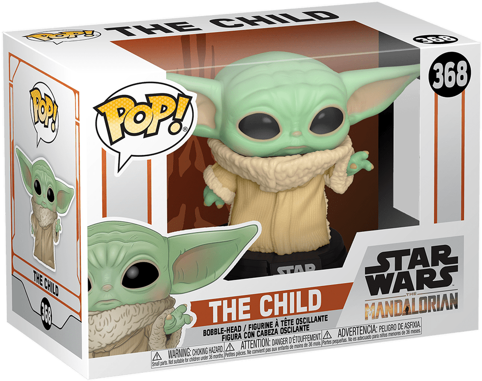 星際大戰《曼達洛人》The Child Funko Pop 壁紙 — 一個綠色皮膚嘅BB Yoda公仔，著住米色長袍，坐喺佢嘅Funko Pop! Star Wars包裝入面。