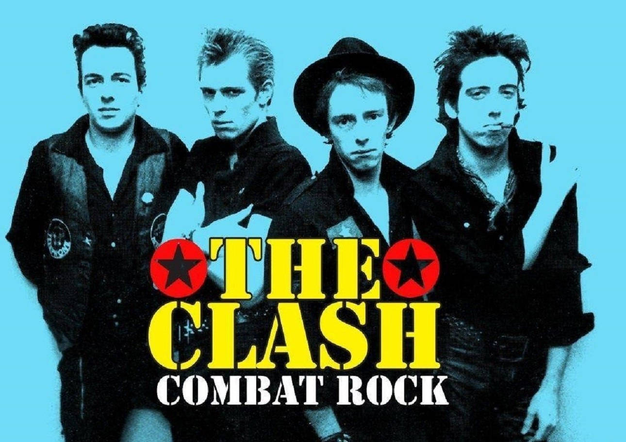 The Clash 樂團成員在 Combat Rock 專輯封面上，帶有粗體黃色文字。
