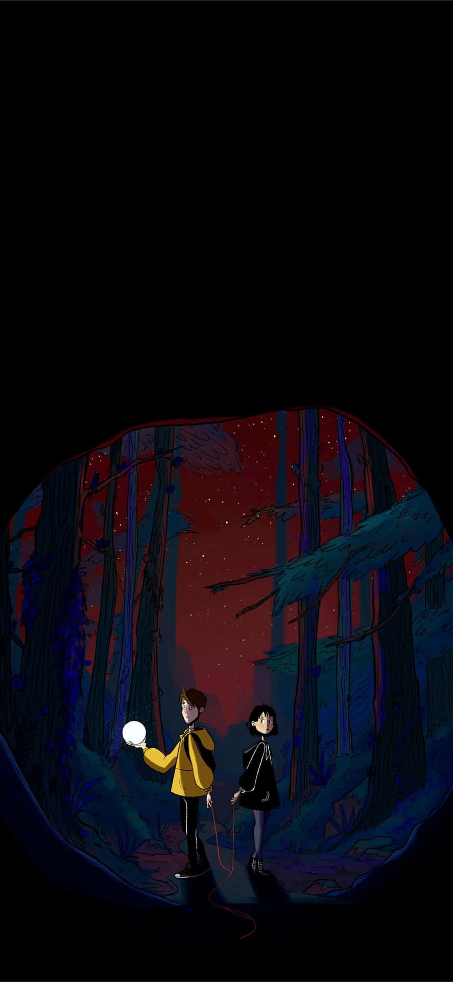 兩個動漫角色在夜晚的黑暗森林中，其中一個手持發光球體。