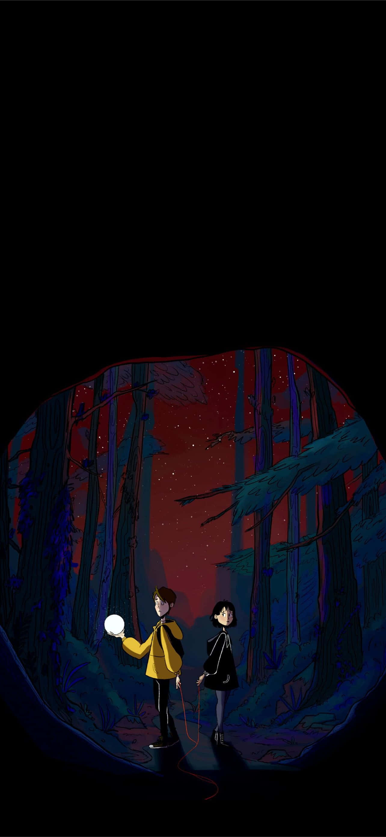 《The Dark》Netflix 原創劇集動畫海報 壁紙 — 兩個身影站在夜晚的黑暗森林中，其中一個手持發光球體，照亮了紅色的天空和高大的樹木。