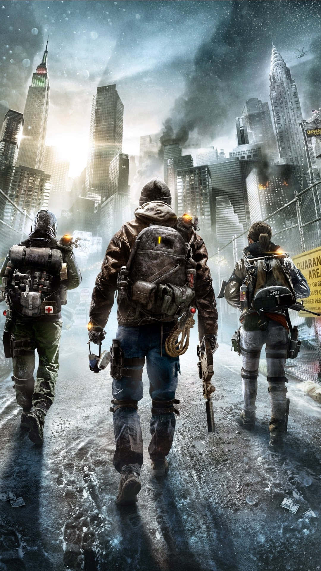 《The Division》安卓戰鬥背景 壁紙 — 三名武裝倖存者艱難地走過白雪覆蓋的廢墟城市景觀，背景中高聳的摩天大樓和煙霧升騰。
