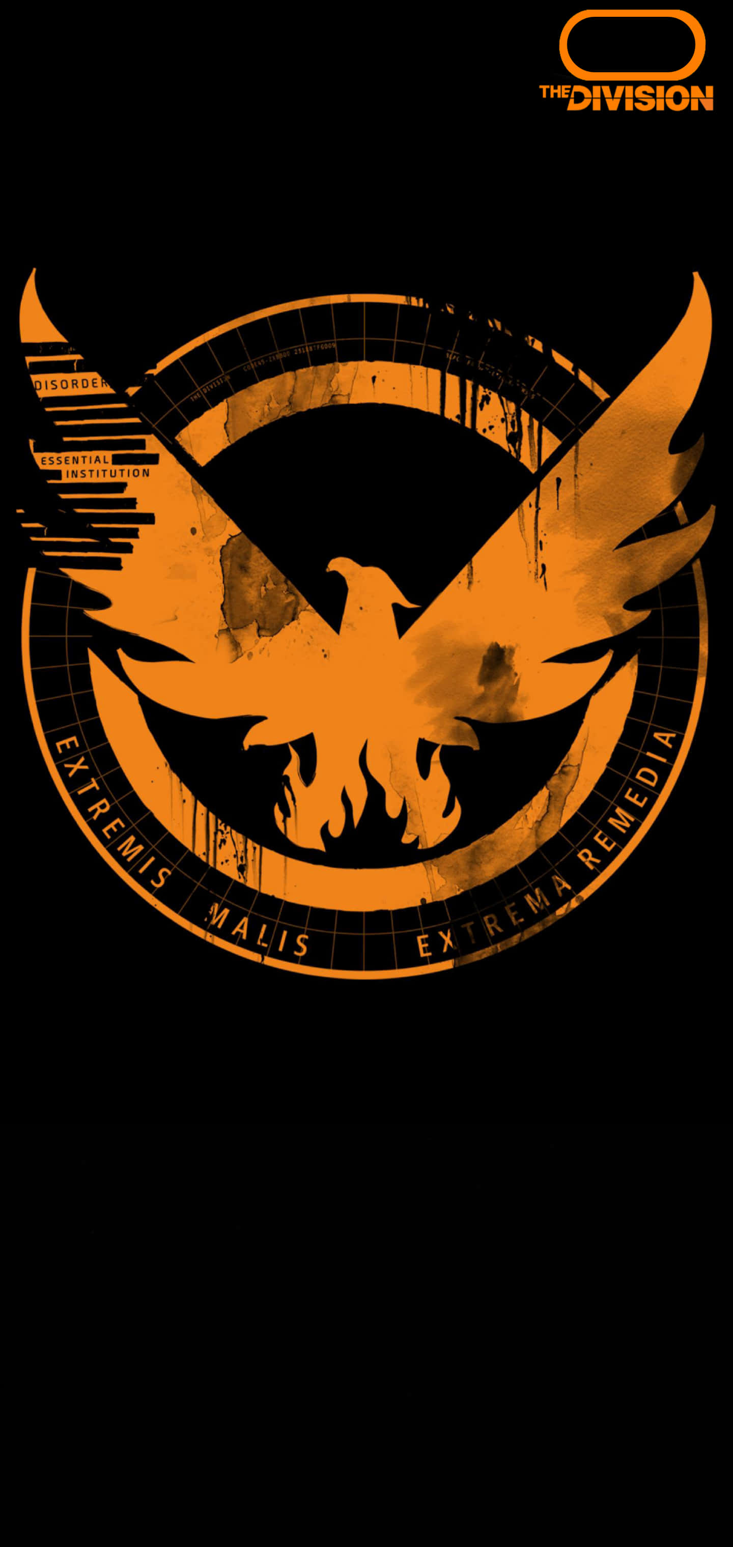 《The Division》安卓手機背景：經典橙色鷹標誌 壁紙 — 一個大膽的橙色鳳凰標誌，帶有火焰和拉丁文字，在純黑背景上閃耀。