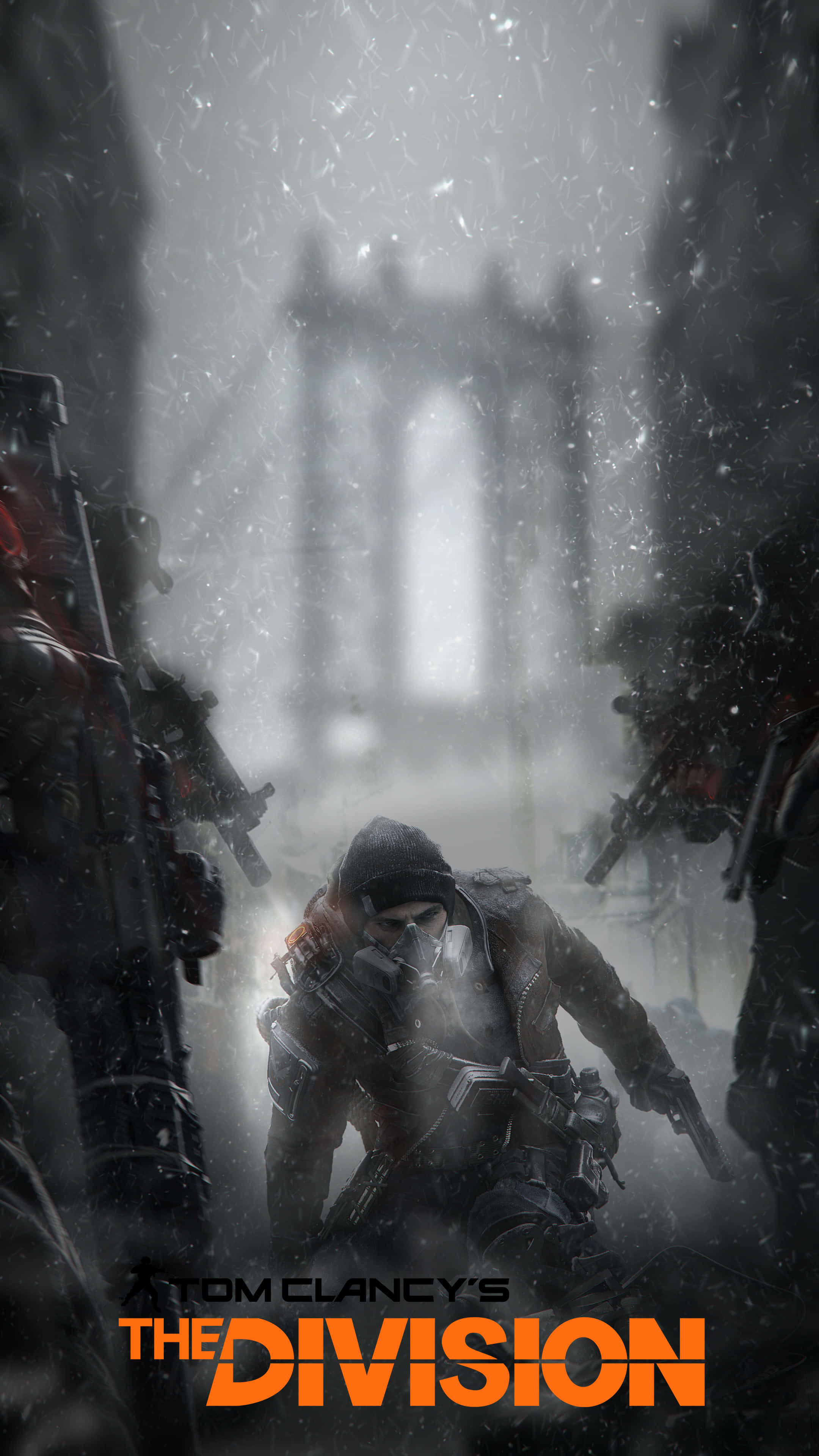 《The Division》安卓背景：戴防毒面具的玩家剪影 壁紙 — 一名身穿戰術裝備的士兵在白雪覆蓋的城市廢墟中前進，霧氣瀰漫的背景中聳立著哥德式建築。