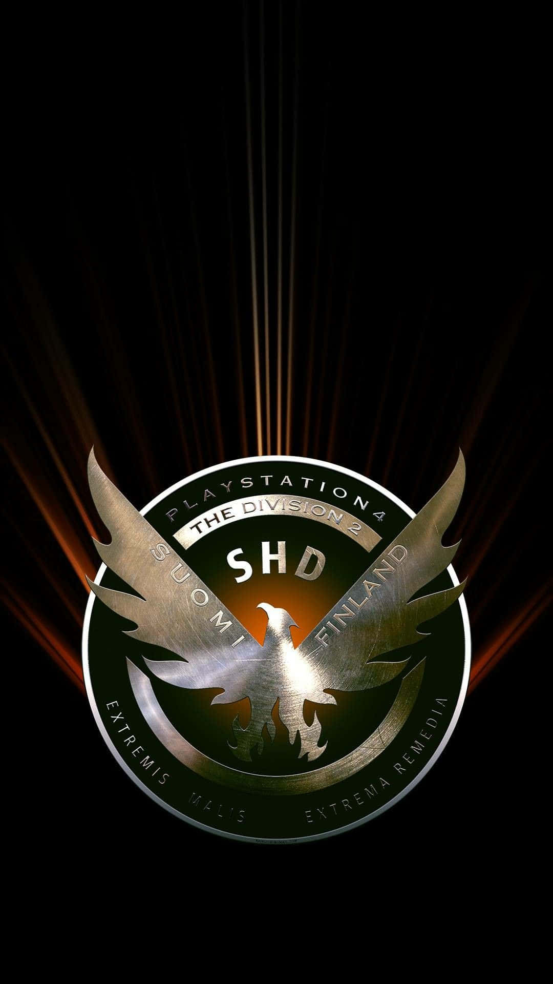 《The Division》安卓遊戲爆裂動作背景 壁紙 — 一個帶有翅膀和鷹剪影的金屬SHD徽章，在黑色背景上散發出金色光芒。