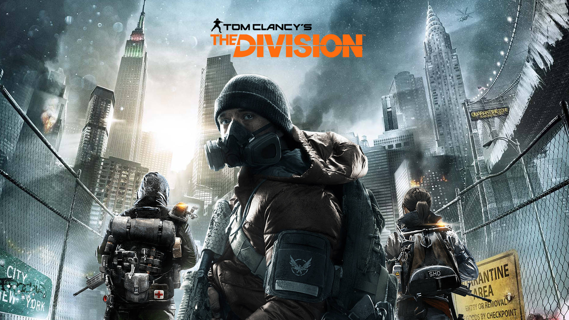 The Division 遊戲海報設計 壁紙 — 三名戴著防毒面具的武裝倖存者，在煙霧瀰漫、被隔離的紐約市街道上，於高聳的摩天大樓間前行。