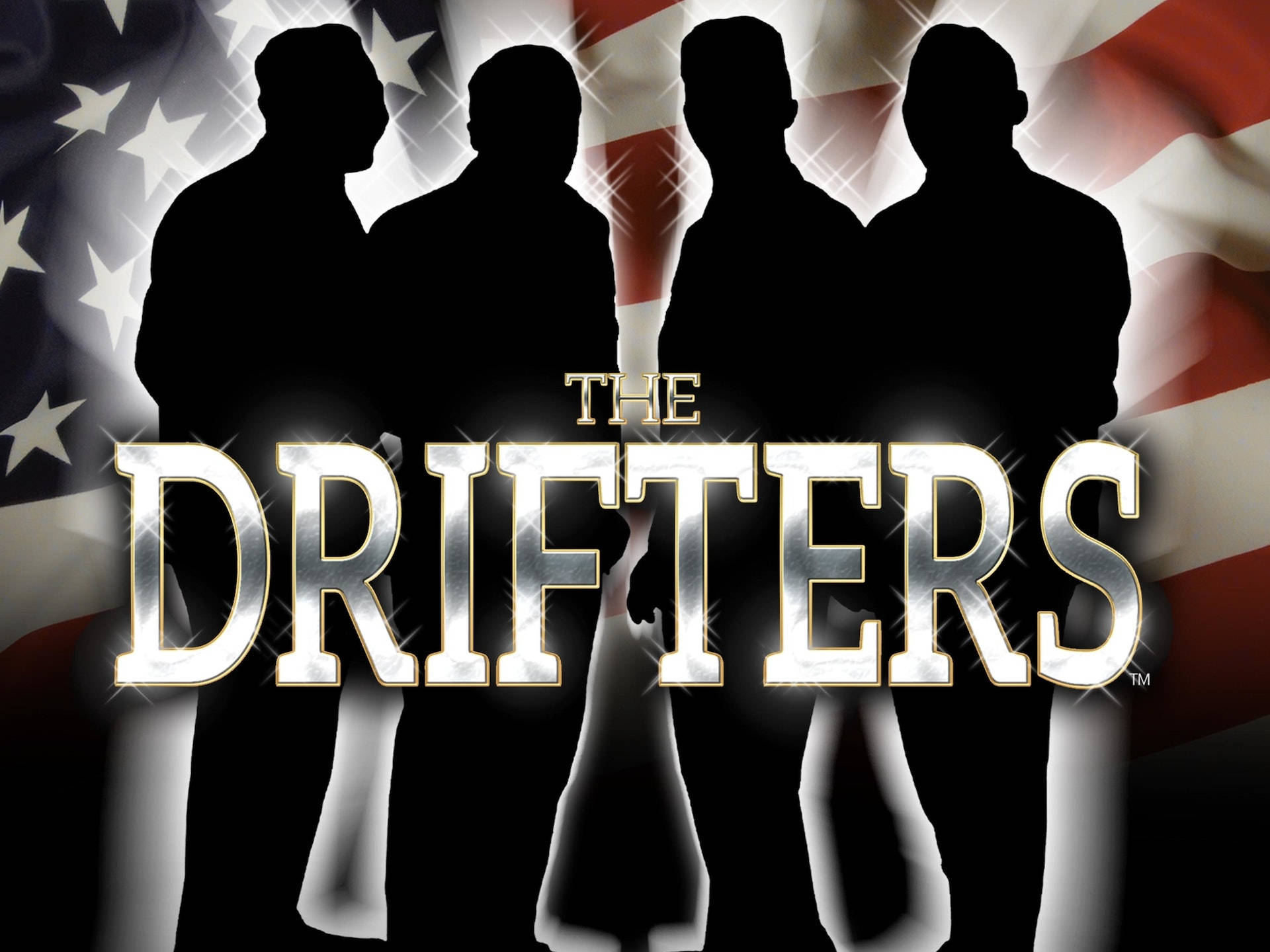 The Drifters 硅膠剪影海報 壁紙 — 四個剪影人物站在飄揚的美國國旗前，標題「THE DRIFTERS」以閃亮的鉻合金字體呈現。