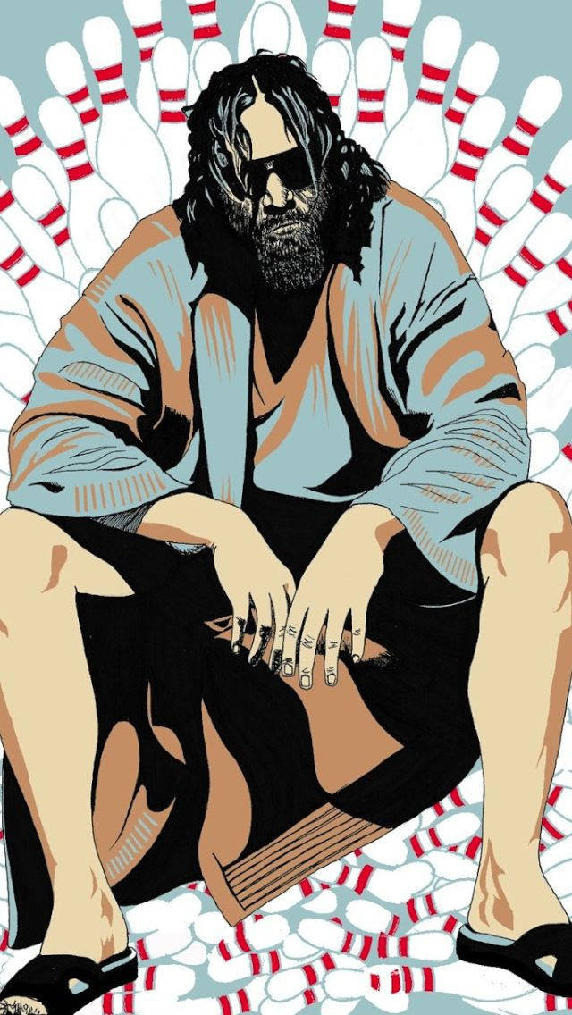 《大勒布斯基》The Dude保齡球插畫藝術 壁紙 — 一位留鬍鬚、戴太陽眼鏡的男人坐在保齡球瓶之間，手持一個球，手指上有紋身。