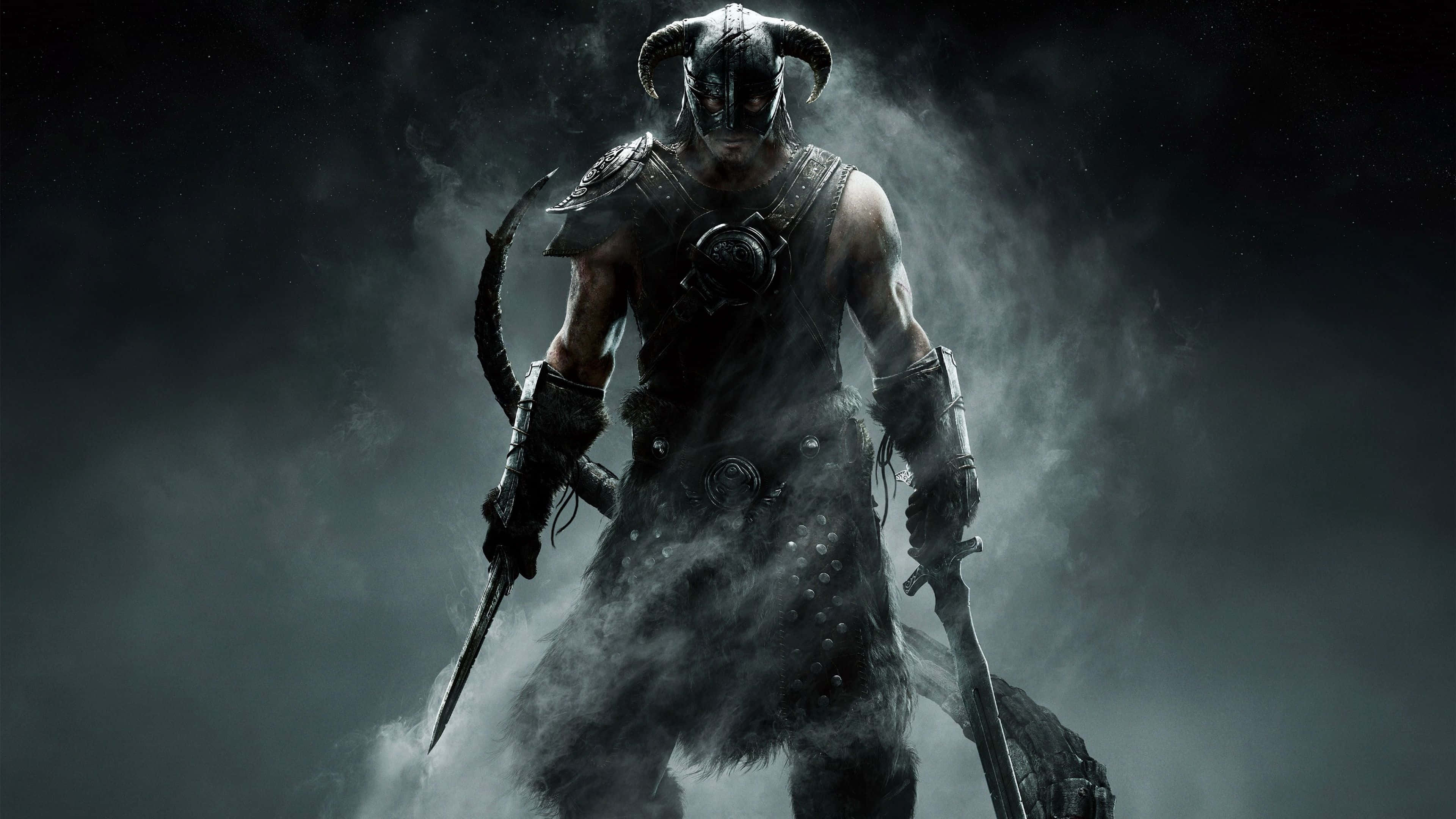 《The Elder Scrolls V: Skyrim》4K 超高清遊戲 壁紙 — 一個身穿黑色盔甲、戴著角盔的戰士，在旋轉的迷霧中威風凜凜地手持兩把劍。