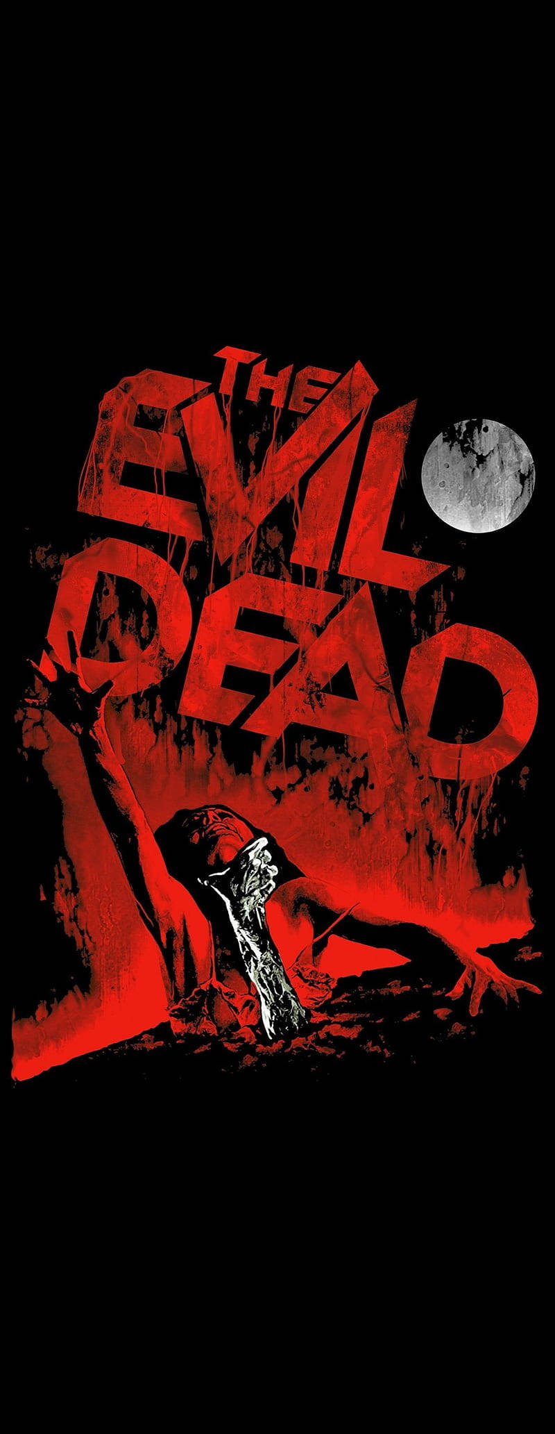恐怖 桌布 壁紙 — 《The Evil Dead》恐怖電影海報，帶有紅色滴落文字和一個在黑色背景上、滿月下伸手的殭屍。