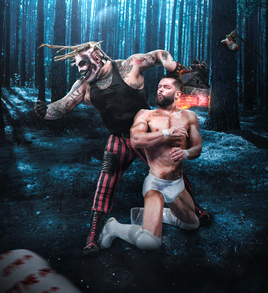 布雷·懷特「The Fiend」WWE 向量藝術 壁紙 — 兩名肌肉發達的摔角手在深藍色的森林中扭打，背景有一座燃燒的小屋和一個懸掛的動物頭顱。