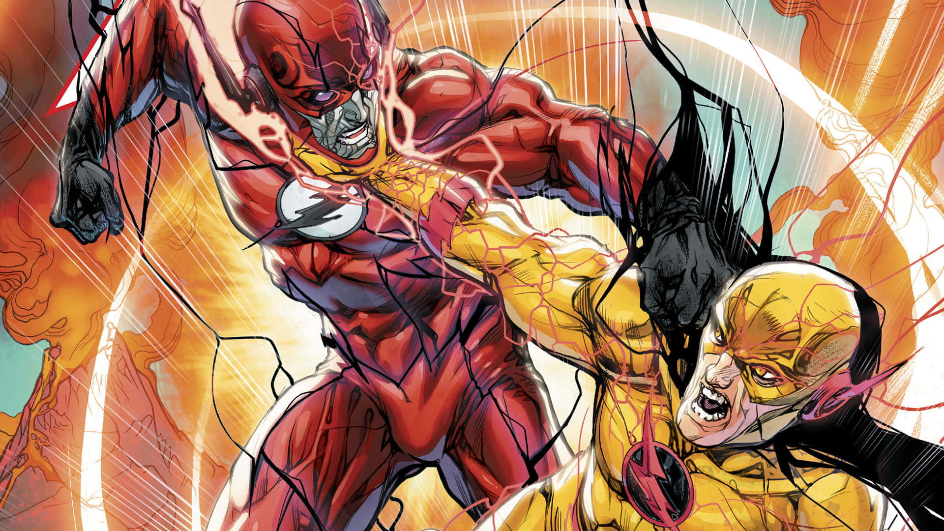  壁紙 — The Flash 和 Reverse Flash 在一個充滿動感的漫畫面板中碰撞，帶有閃電效果和火熱的橙色背景。