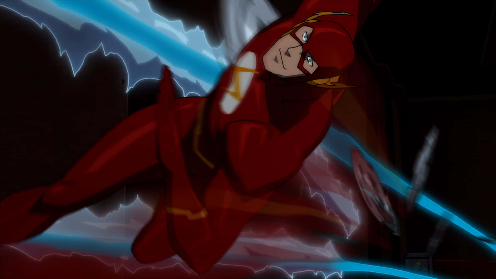 Justice League The Flashpoint Paradox 桌布 壁紙 — The flash 喺黑暗隧道中疾馳，身後拖住藍色閃電軌跡，構成動感十足嘅動畫動作場景。