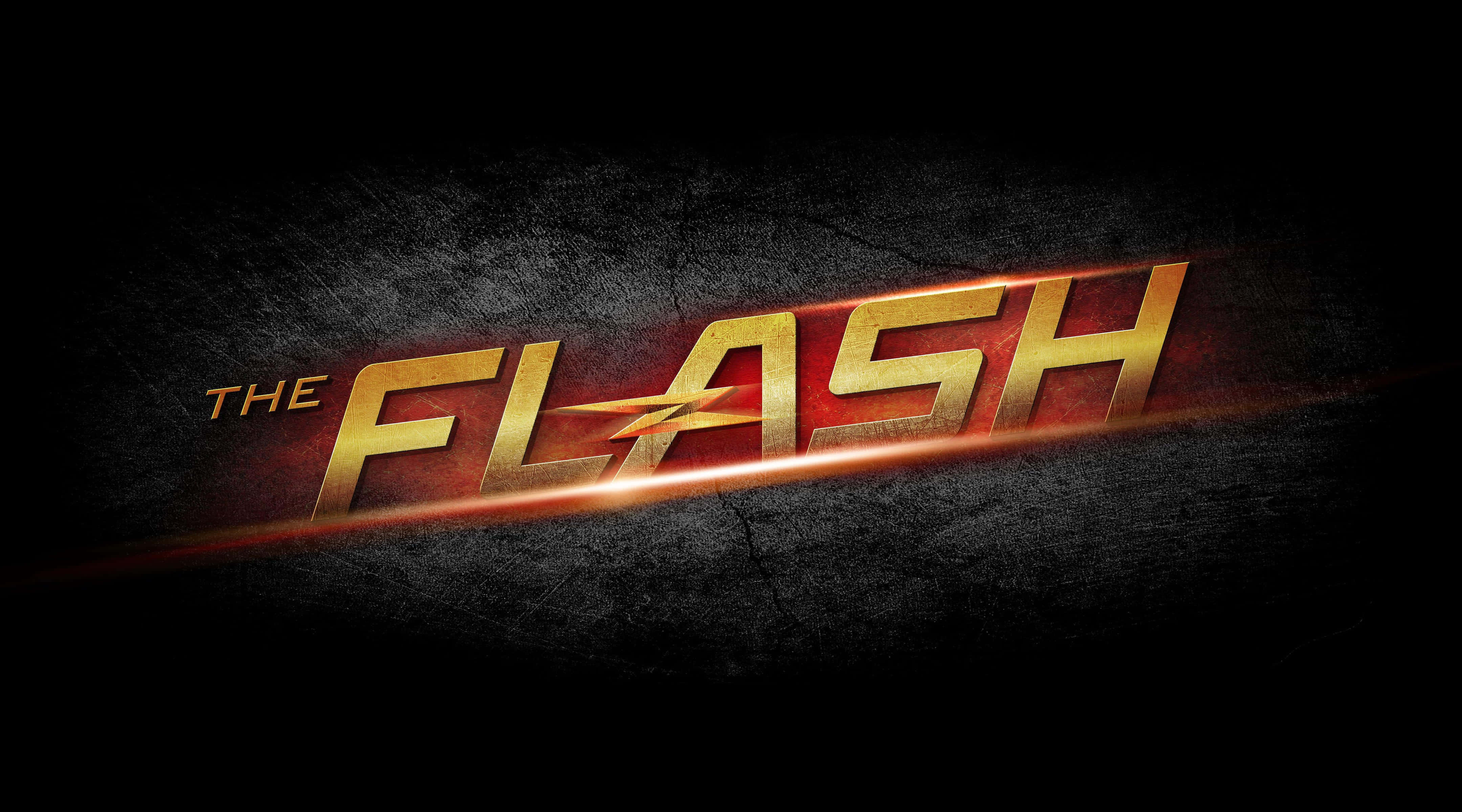 閃電俠 桌布 壁紙 — The Flash 標誌在裂開的深色背景上發出火熱的橙色和金色光芒。
