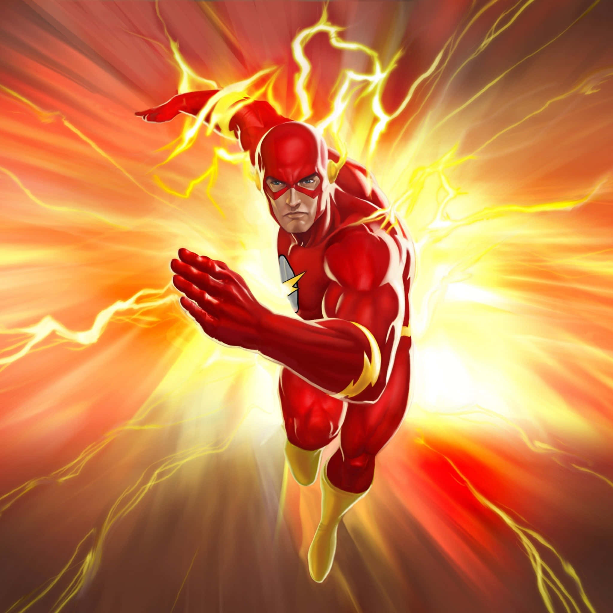 閃電俠 桌布 壁紙 — The Flash 身穿紅色服裝，帶著黃色閃電，在耀眼的橙色和黃色能量爆發背景中向前衝刺。