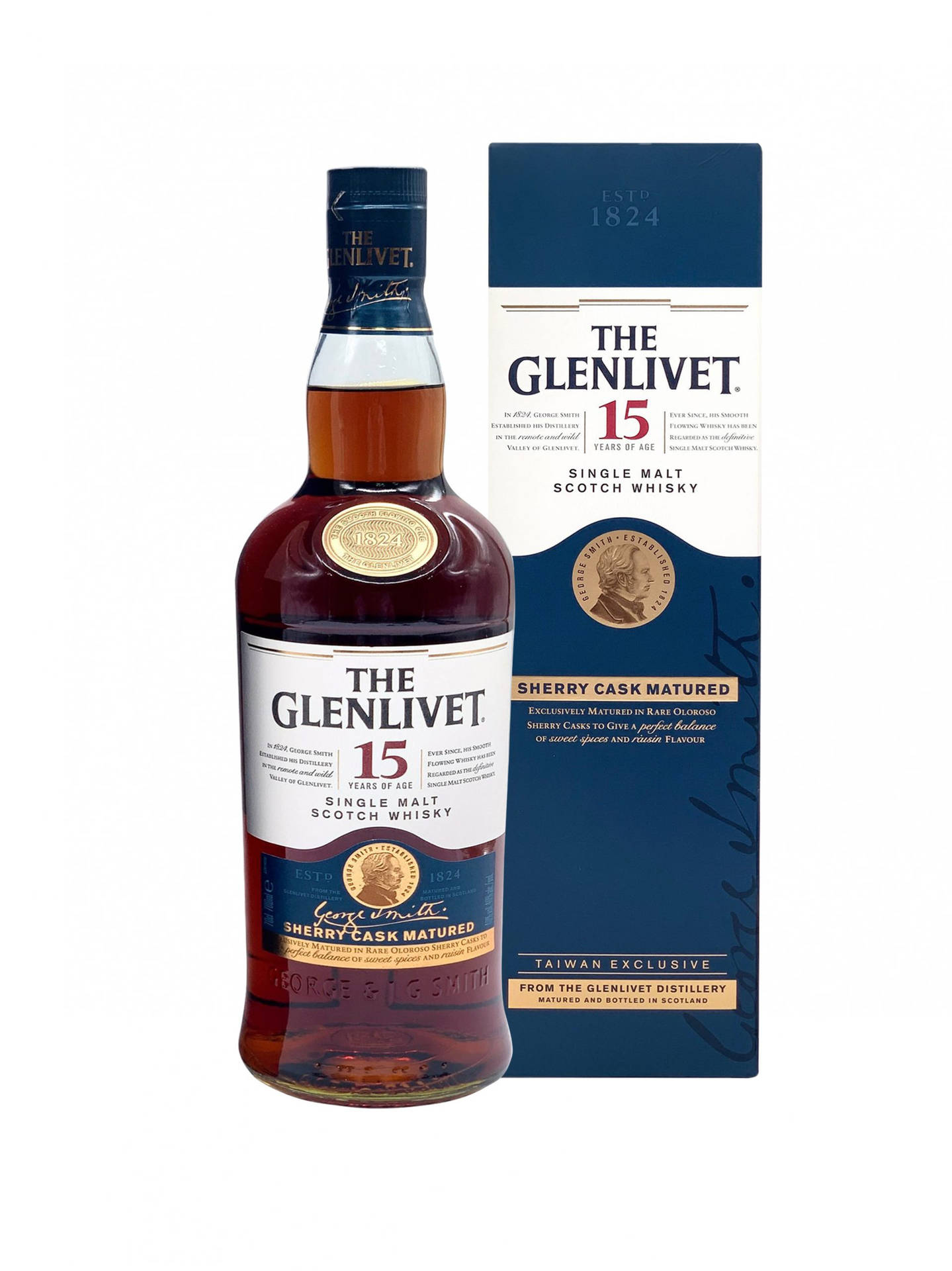 The Glenlivet 15年雪莉桶熟成威士忌酒瓶和盒子