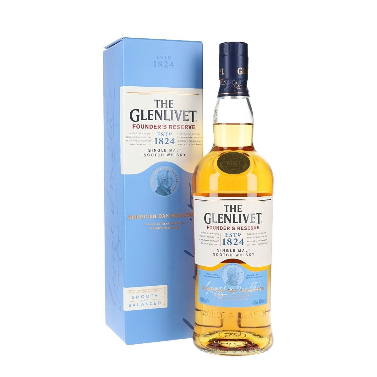 Glenlivet Founder's Reserve 威士忌瓶，藍色包裝。
