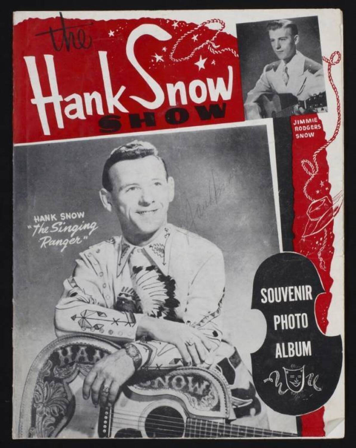 《The Hank Snow Show》專輯海報 壁紙 — 復古Hank Snow表演紀念相簿封面， featuring 黑白肖像的鄉村歌手與結他及紅色星星設計點綴。