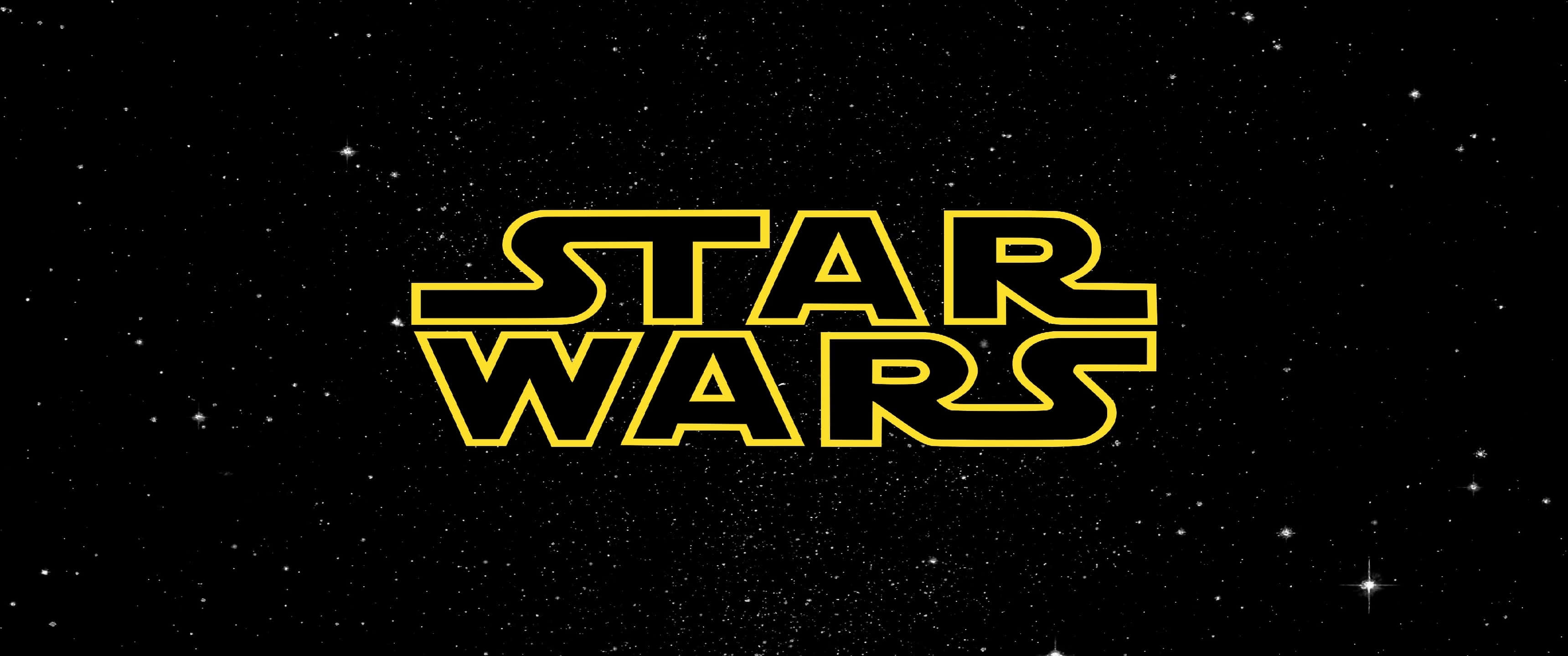 Star Wars Ultra Wide 桌布 壁紙 — 標誌性的黃色星際大戰標誌在佈滿星星的黑色太空背景中發光。