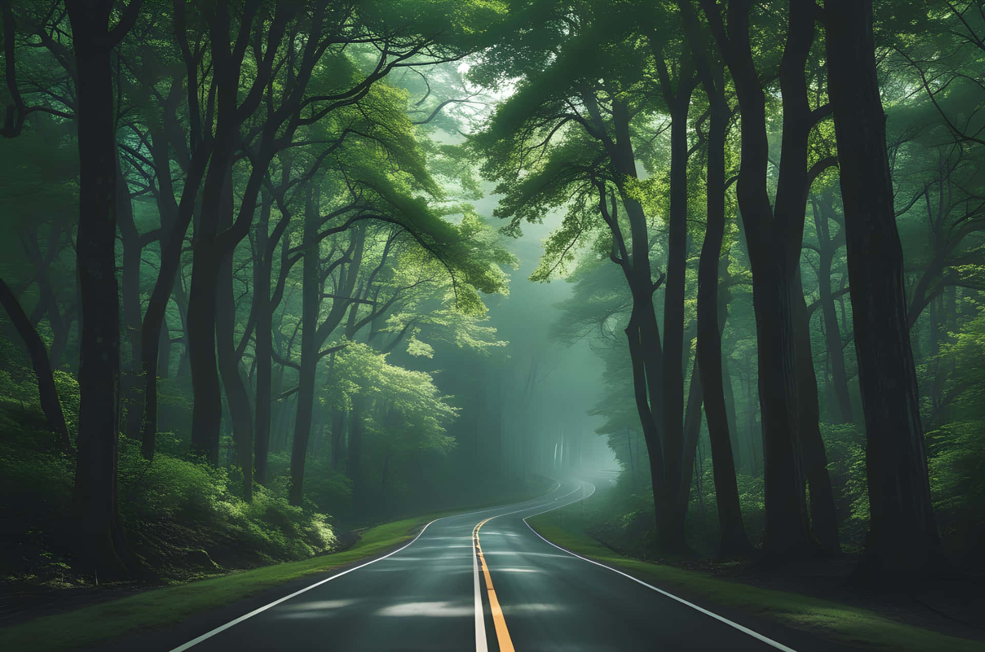 一條安靜的道路蜿蜒穿過茂密的綠色森林，霧氣和陽光透過高大的樹木。