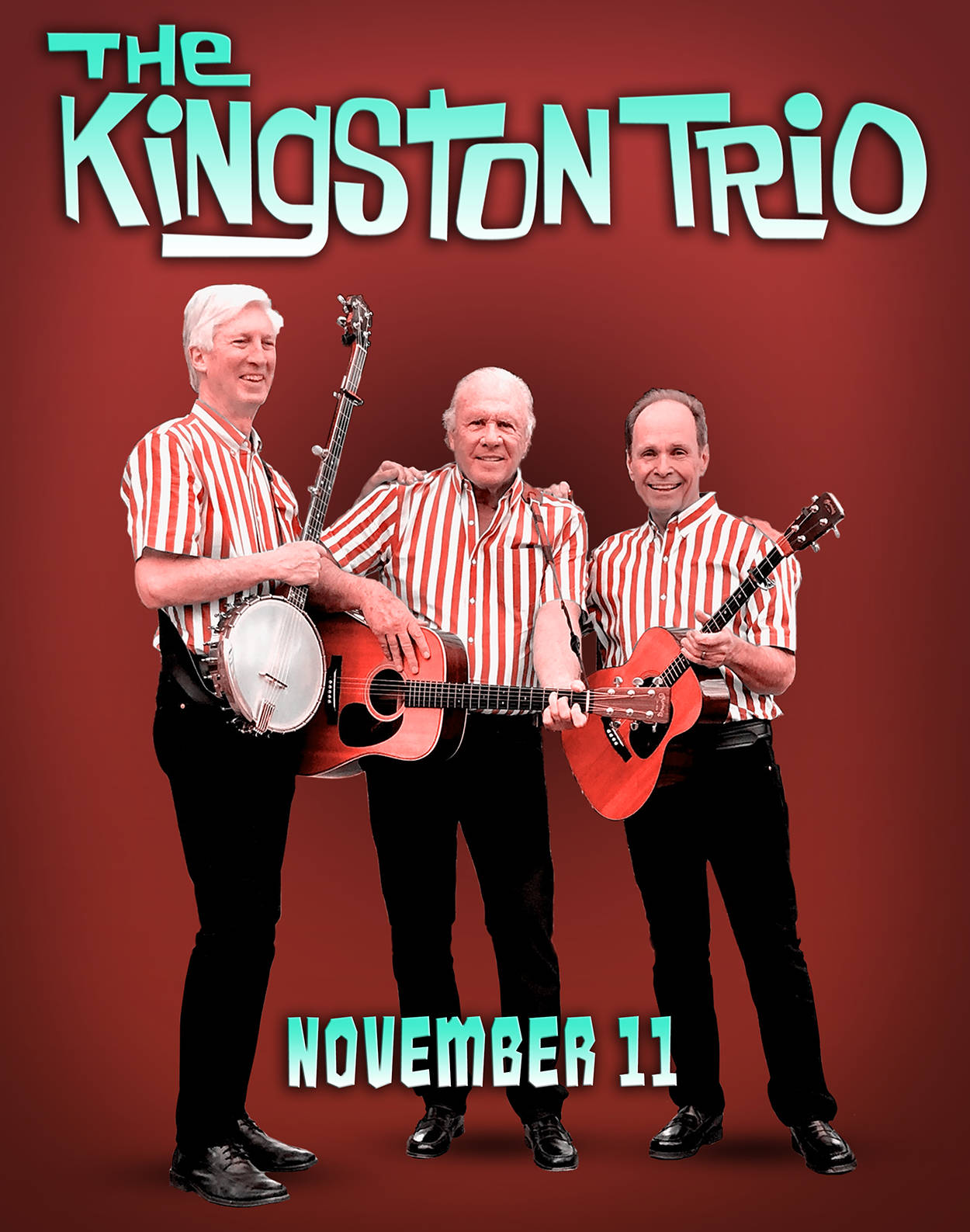 The Kingston Trio《Keep The Music Playing》巡迴 - 雅典劇院 壁紙 — 三位微笑的長者身穿紅白間條衫，拿著班卓琴、結他和木結他，在純紅色背景前擺姿勢。