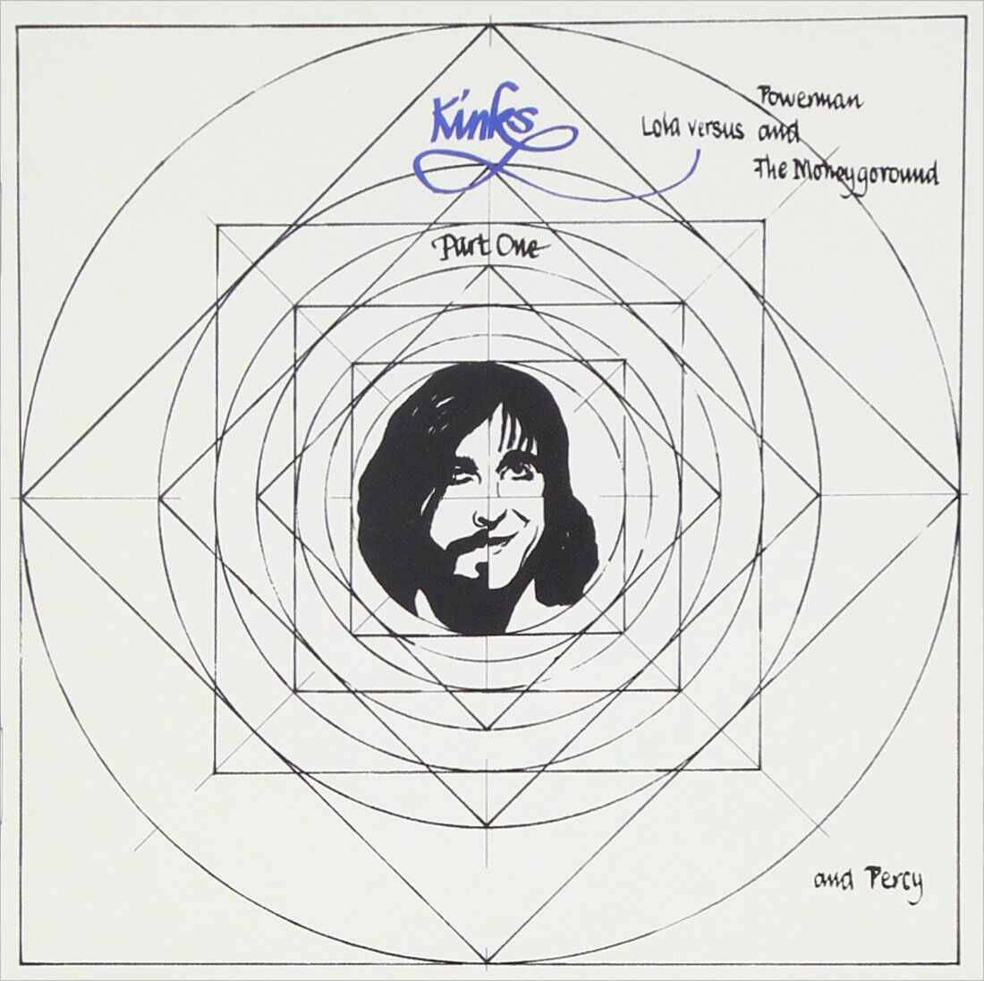 The Kinks《Lola Versus Powerman And The Moneygoround Part One》專輯封面 壁紙 — 黑白幾何設計，中央有一個微笑的男性面孔，周圍環繞著嵌套的正方形和圓形，並帶有手寫文字。