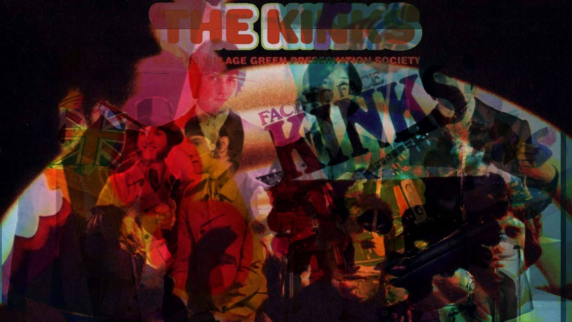 The Kinks 樂迷創作藝術 壁紙 — 色彩繽紛的迷幻拼貼畫，展示 The Kinks 樂隊成員，配以粗體文字和分層圖像，在彩色燈光下呈現。
