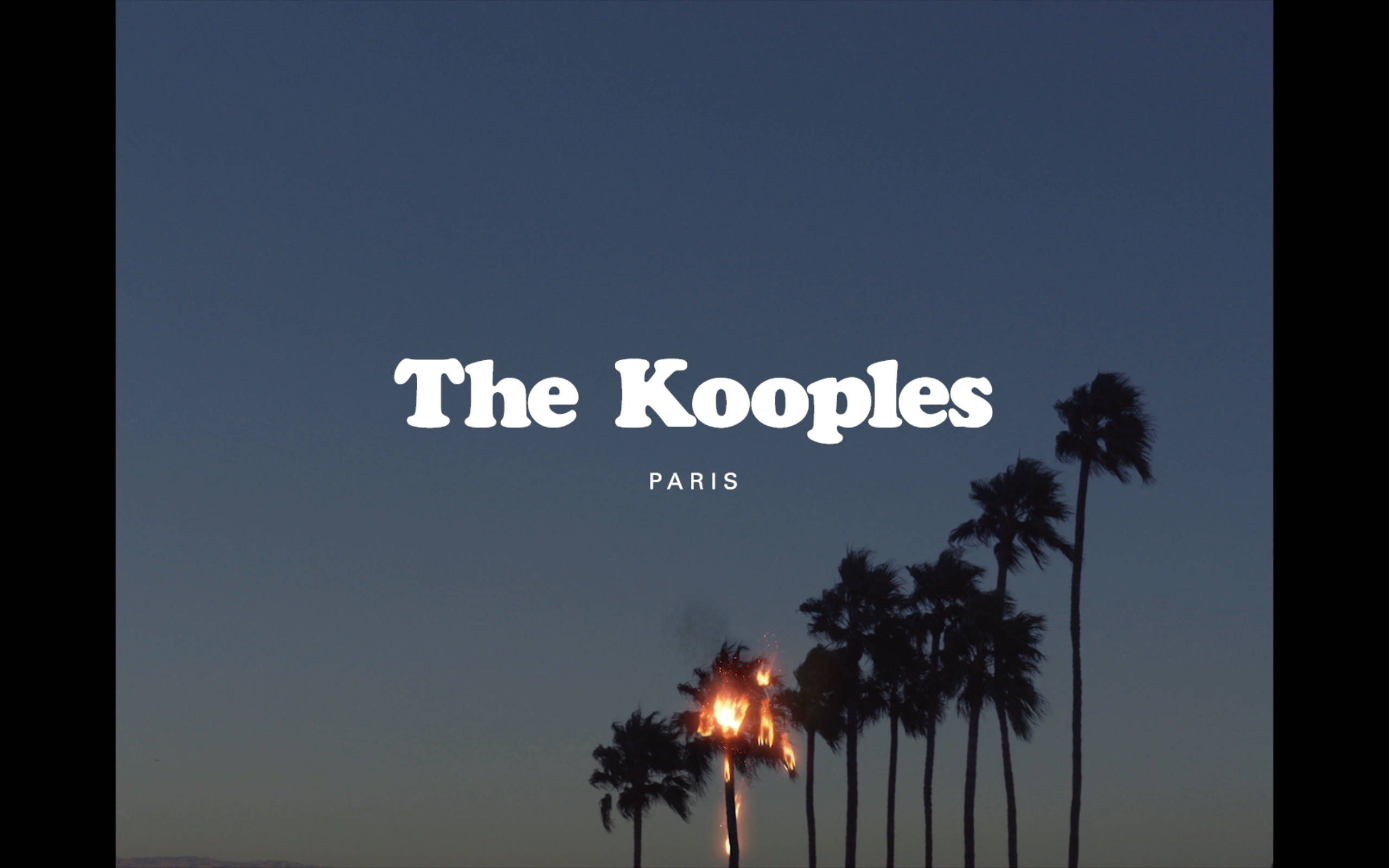 The Kooples 品牌宣傳照 壁紙 — 剪影棕櫚樹映襯暮色天空，其中一棵樹燃燒，白色文字寫著 The Kooples PARIS。