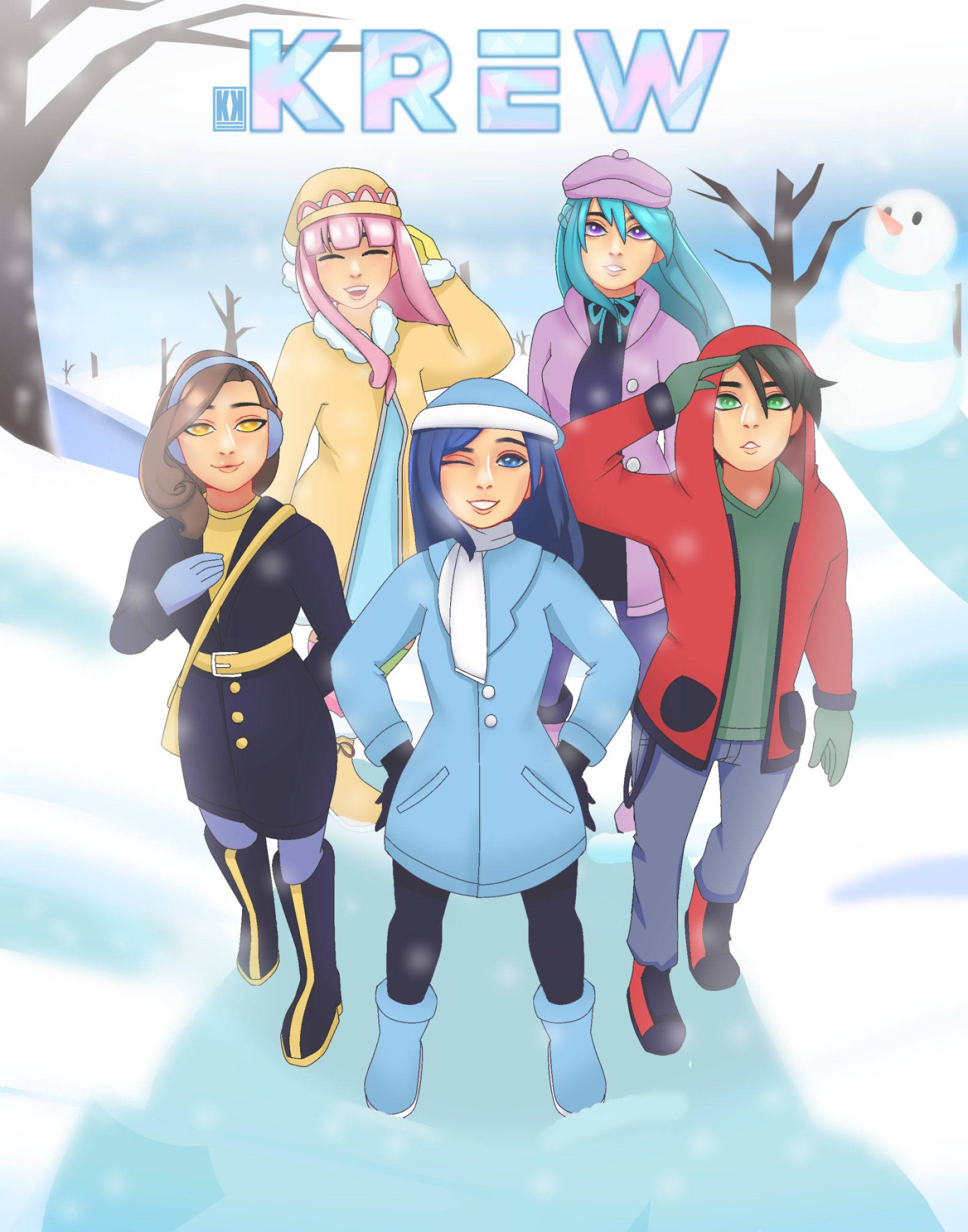 The Krew 雪中冒險 壁紙 — 五個動漫風格的朋友穿著冬季裝備，一起站在雪景中，有雪人和光禿禿的樹木。