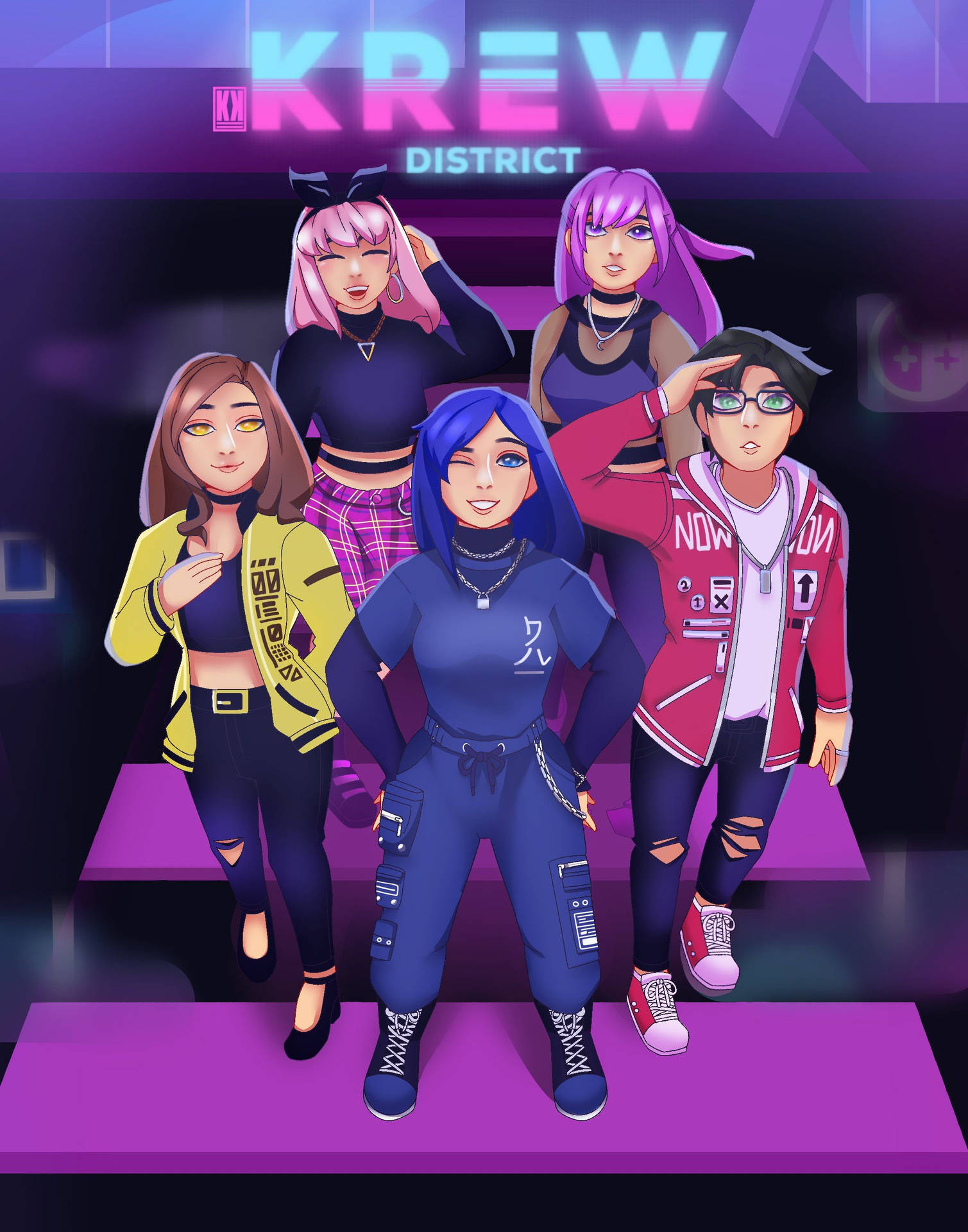 五個穿著時尚服裝的動漫角色在 'KREW DISTRICT' 標誌下的霓虹燈舞台上擺姿勢。