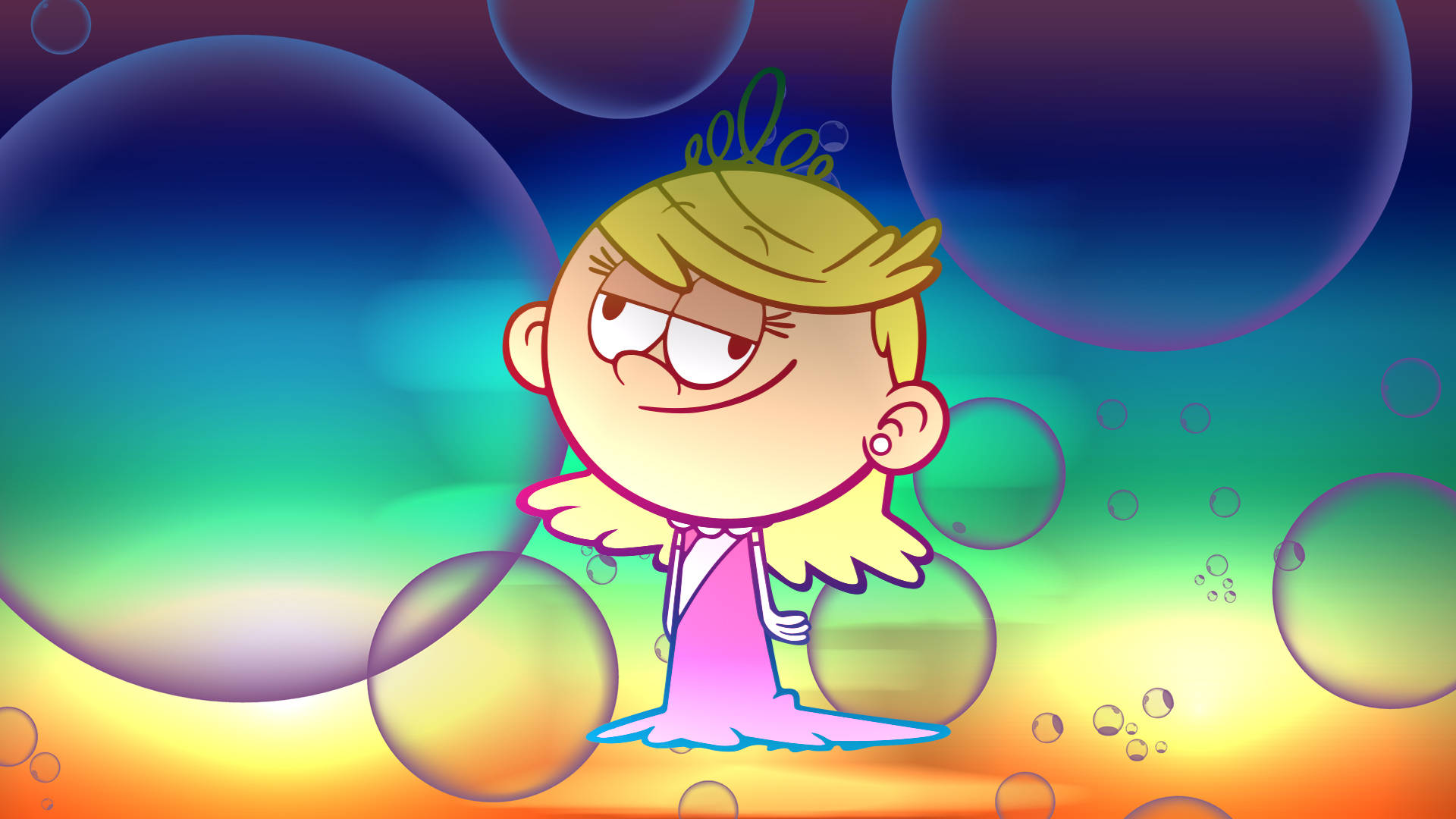 The Loud House Lola 與泡泡 壁紙 — 一個金髮、身穿粉紅色連衣裙的卡通女孩站在彩虹漸變背景上，周圍是色彩繽紛的浮動氣泡。