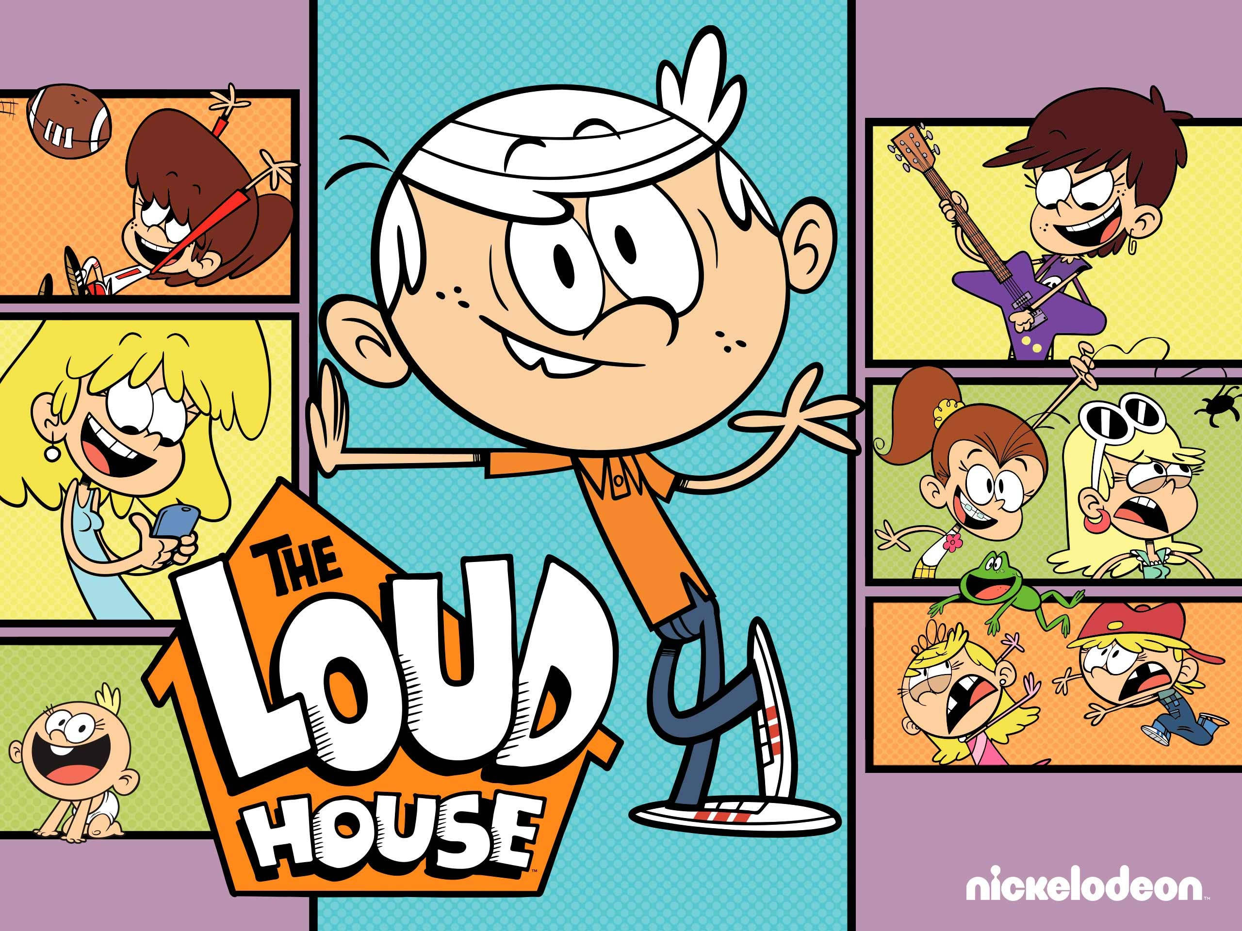 The Loud House 宣傳海報 壁紙 — 《喧鬧一家親》嘅鮮豔卡通海報，主角被佢混亂嘅兄弟姊妹嘅漫畫格包圍。