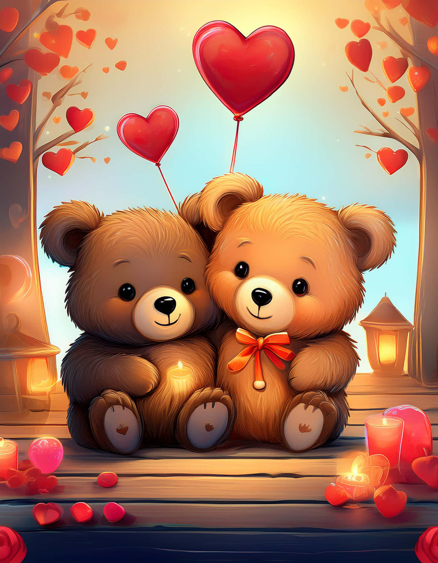 The Magical World of Bears 壁紙 — 兩隻可愛的卡通熊在心形氣球和燈籠下依偎，營造溫暖浪漫的場景。