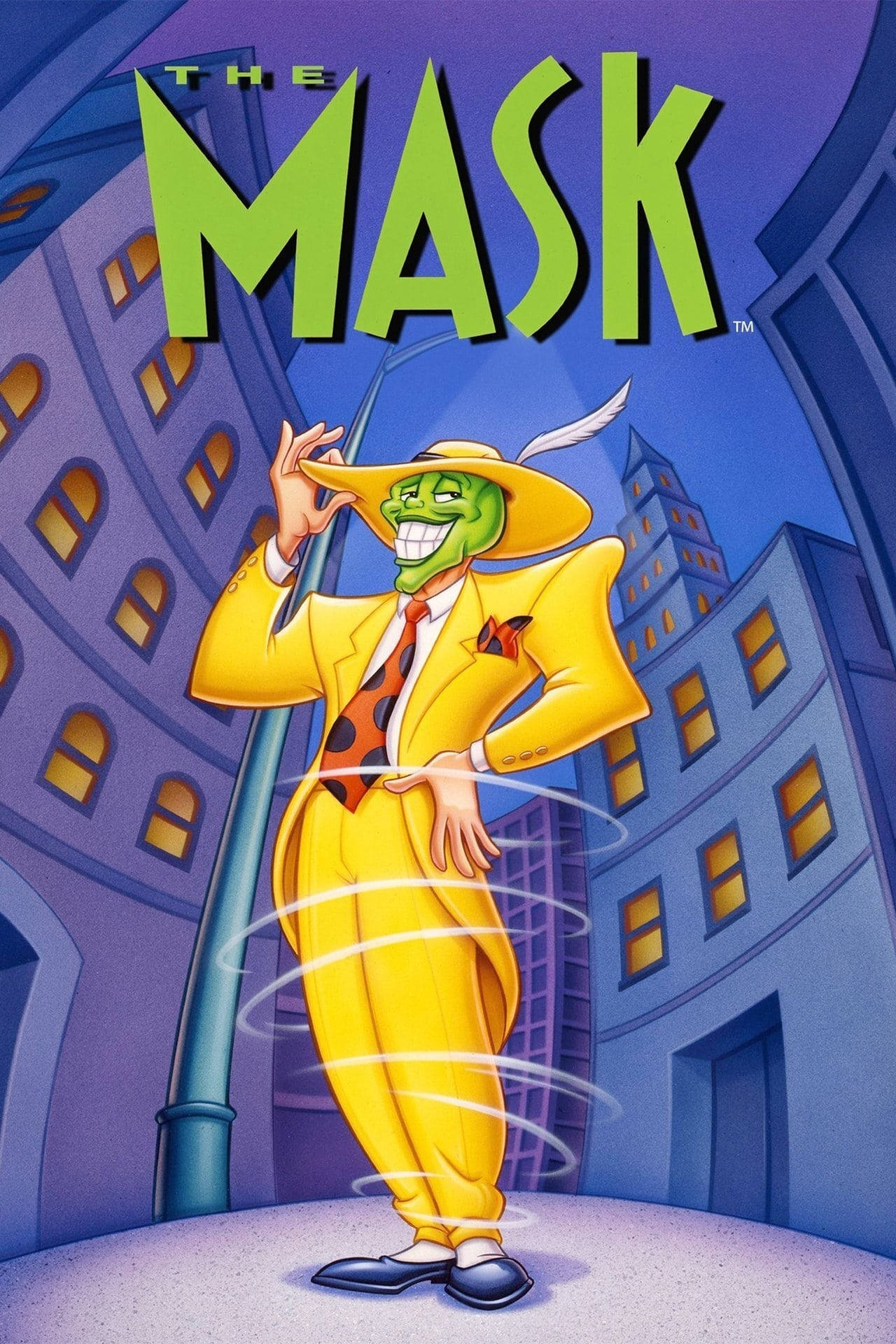 The Mask咧嘴微笑海報 壁紙 — 一個綠色皮膚的卡通角色，穿著黃色西裝和帽子，自信地站在夜晚的城市街道上，周圍有旋轉的能量。