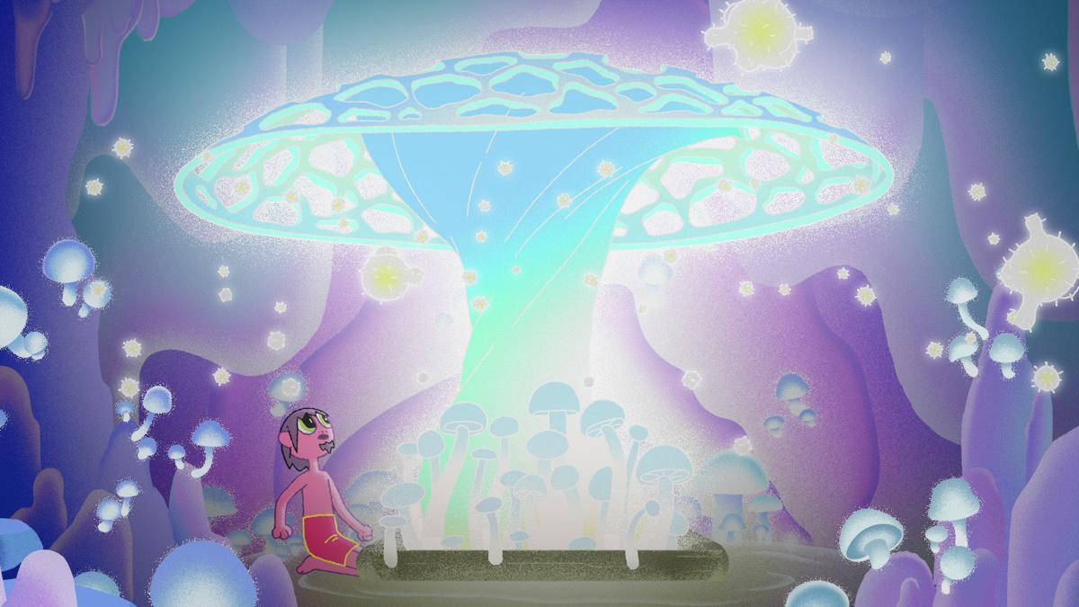 The Midnight Gospel：發光蘑菇 壁紙 — 一個細小的粉紅色身影在一個充滿生物發光真菌的神秘紫色洞穴中，敬畏地跪在一個發光的藍色蘑菇前。