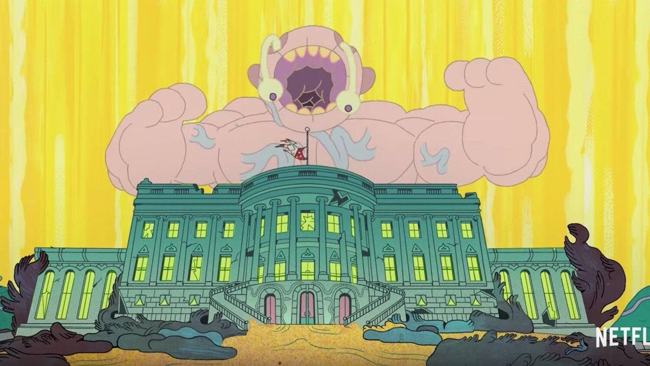 午夜福音 白宮 壁紙 — 一隻張開大嘴的巨型粉紅色怪物，聳立在藍綠色政府大樓上方，背景是鮮黃色。