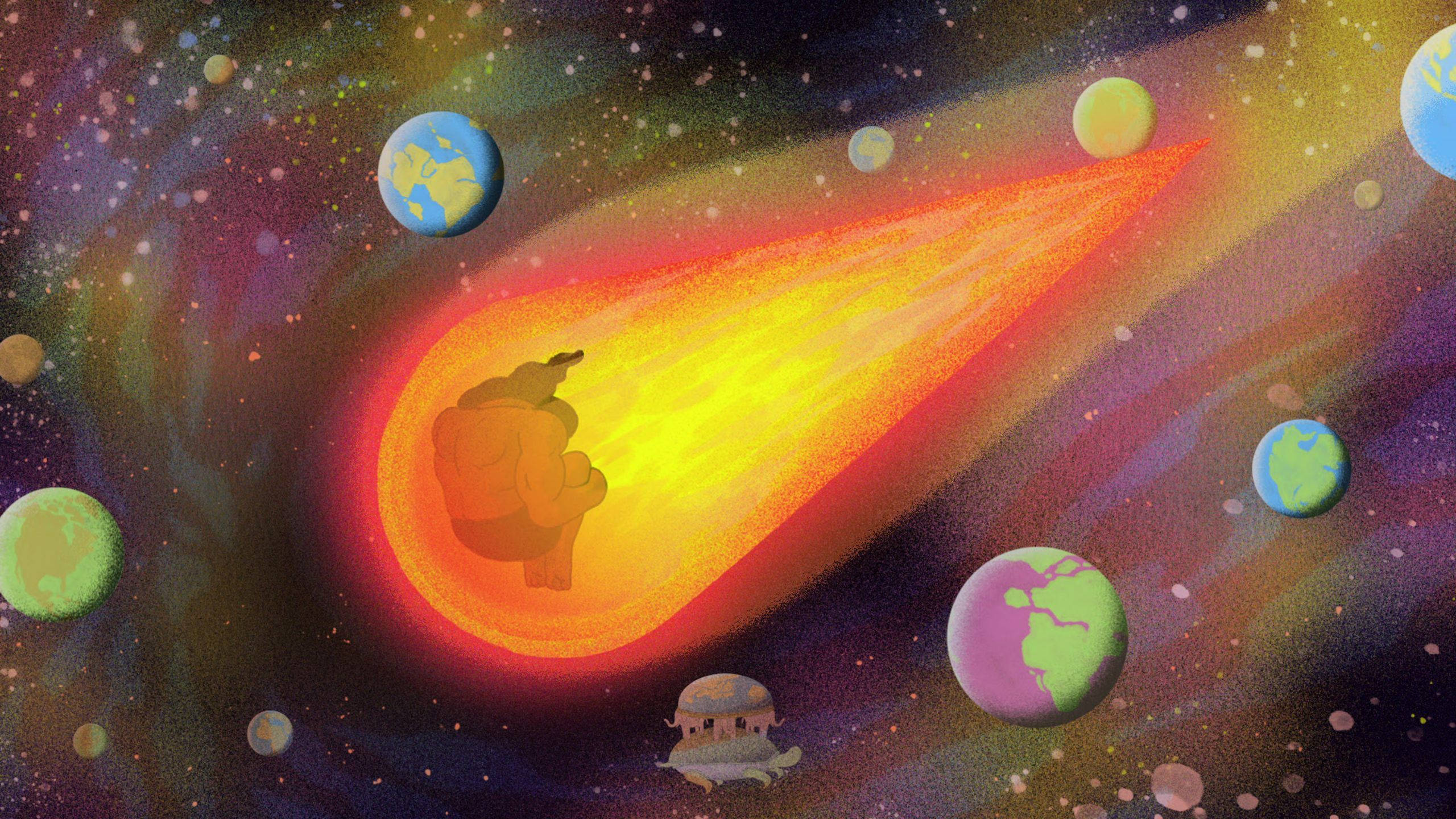 The Midnight Gospel：流星襲擊 壁紙 — 一隻卡通大象騎著一顆熾熱的彗星穿過一個色彩繽紛的星系，星系中點綴著類似地球的行星。