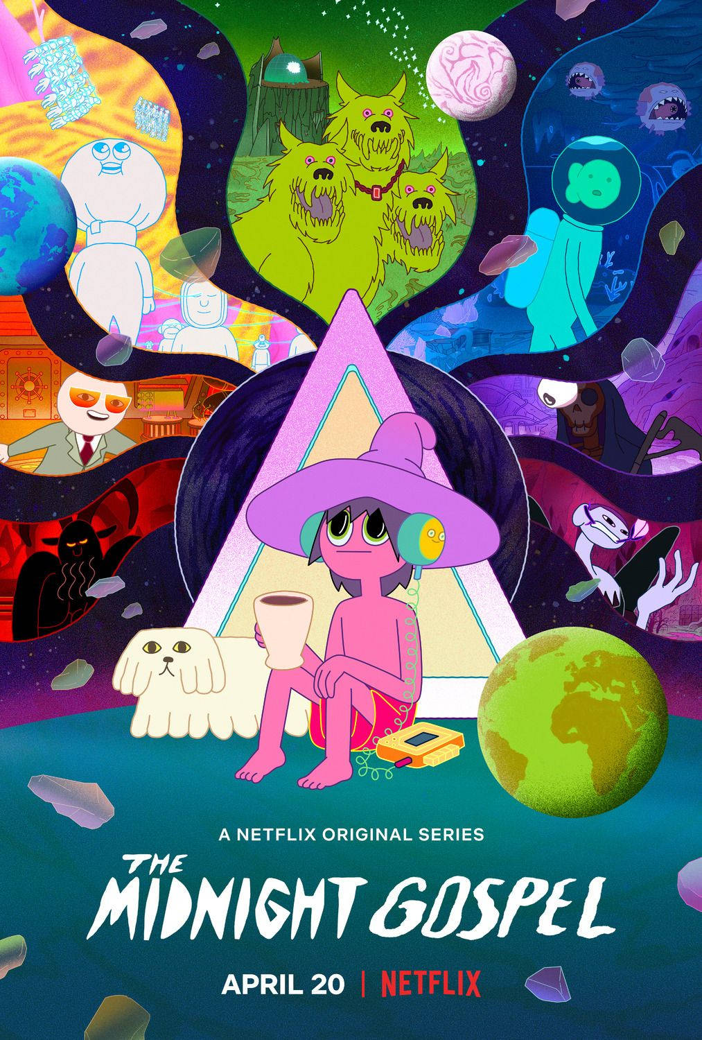 The Midnight Gospel Netflix 宣傳海報 壁紙 — 一個粉紅色動畫角色戴著紫色帽子，平靜地坐在充滿超現實生物和星球的旋轉宇宙氣泡中。