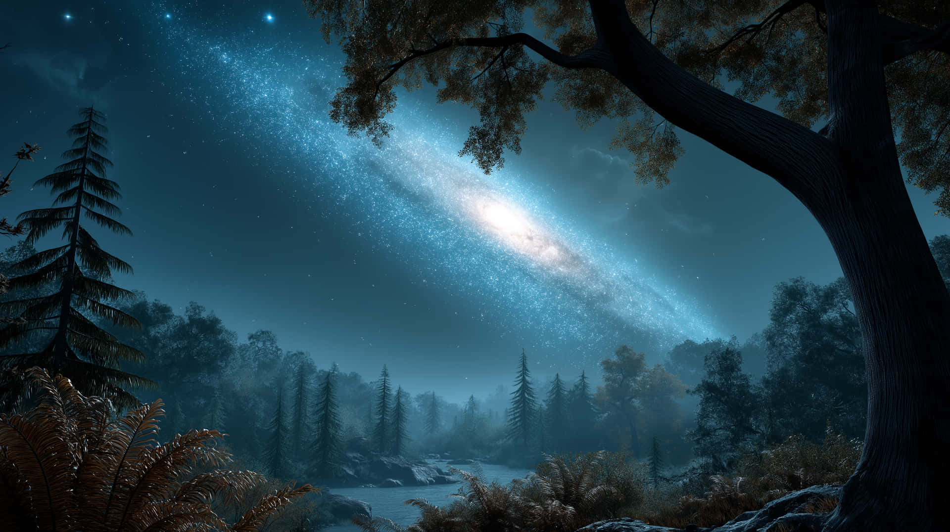 夜晚的森林，透過樹木可見發光的藍色星系。
