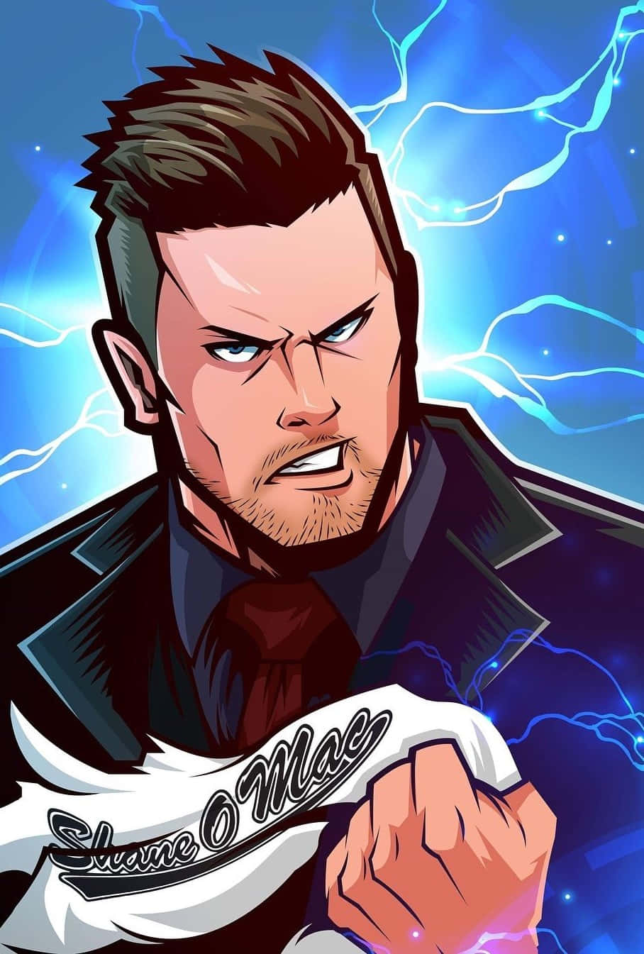 憤怒的動漫男子在閃電背景下握緊拳頭。