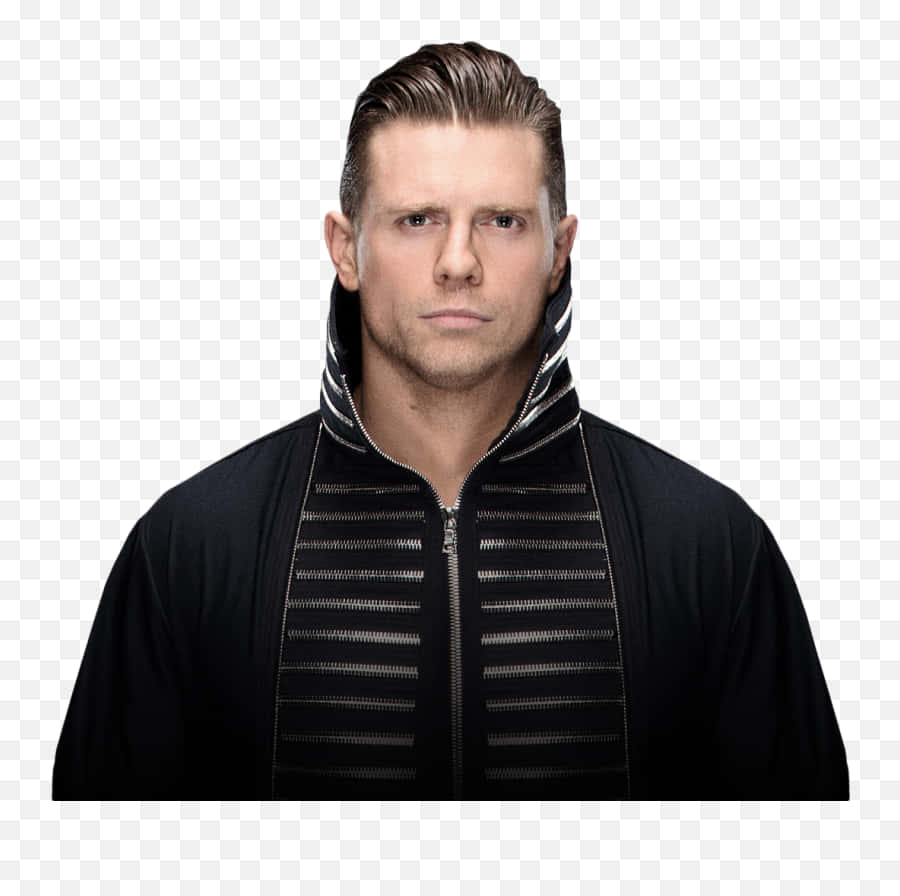 The Miz 穿黑色連帽衫透明背景肖像 壁紙 — 一名向後梳起頭髮的男子，身穿黑色拉鍊外套，帶有銀色橫條紋和高領。