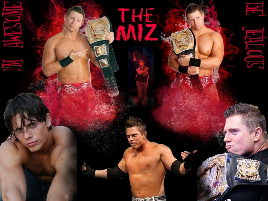 WWE摔角手The Miz手持冠軍腰帶，背景火紅，配以粗體文字。