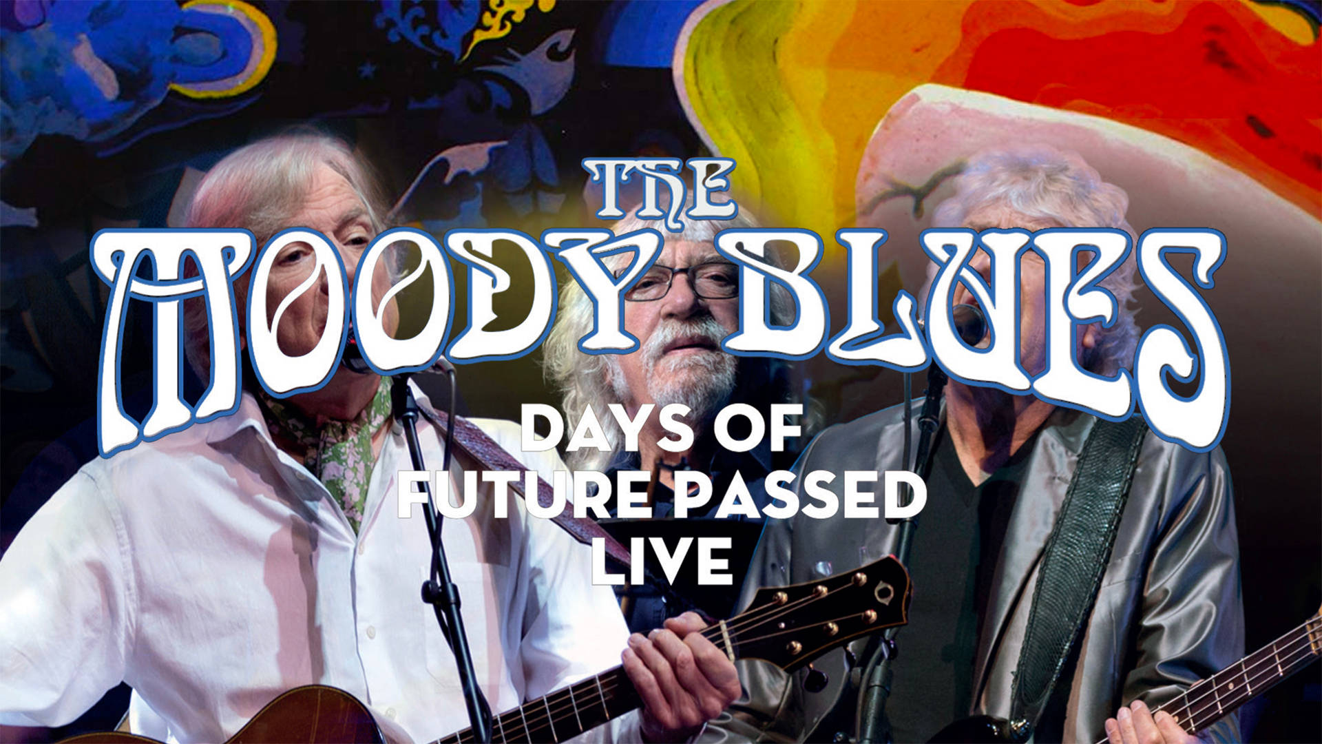Moody Blues 現場表演結他，背景色彩繽紛抽象。