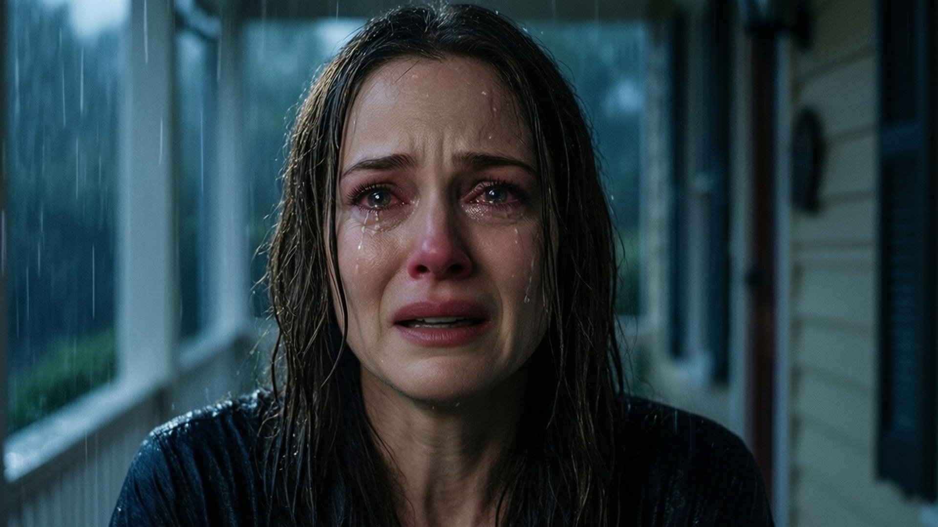 The Notebook Rain Scene 壁紙 — 一個頭髮濕透的女人在門廊上雨中痛哭，身後是模糊的窗戶。