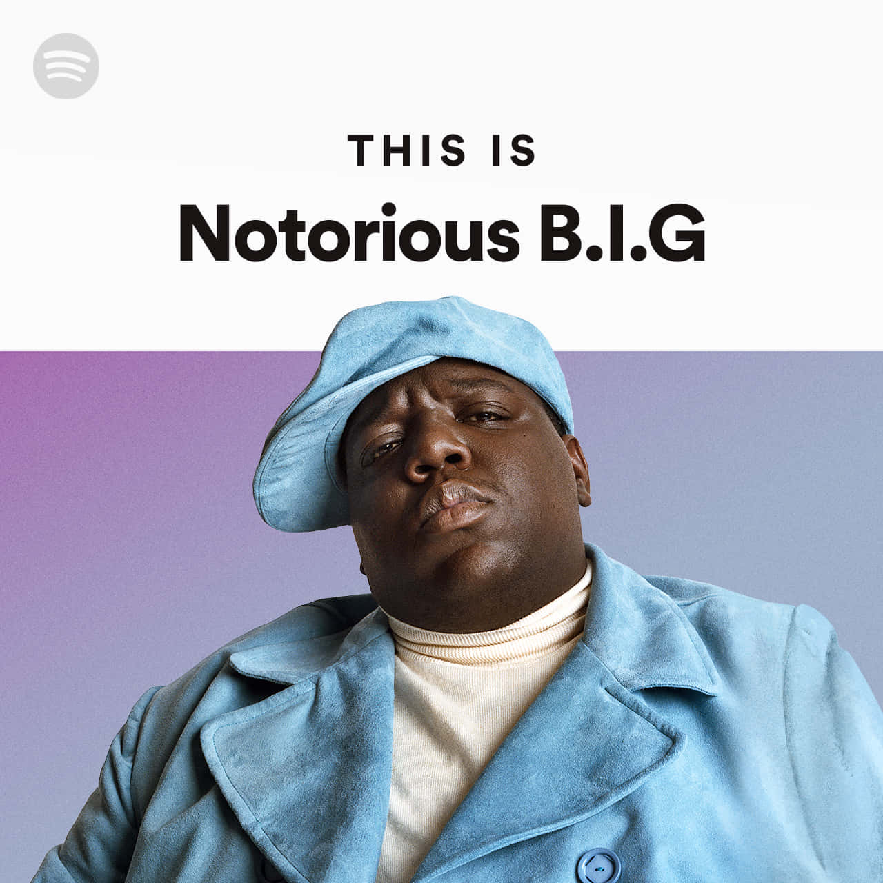 Notorious B.I.G. 身穿藍色外套和帽子，帶有 Spotify 文字疊加。