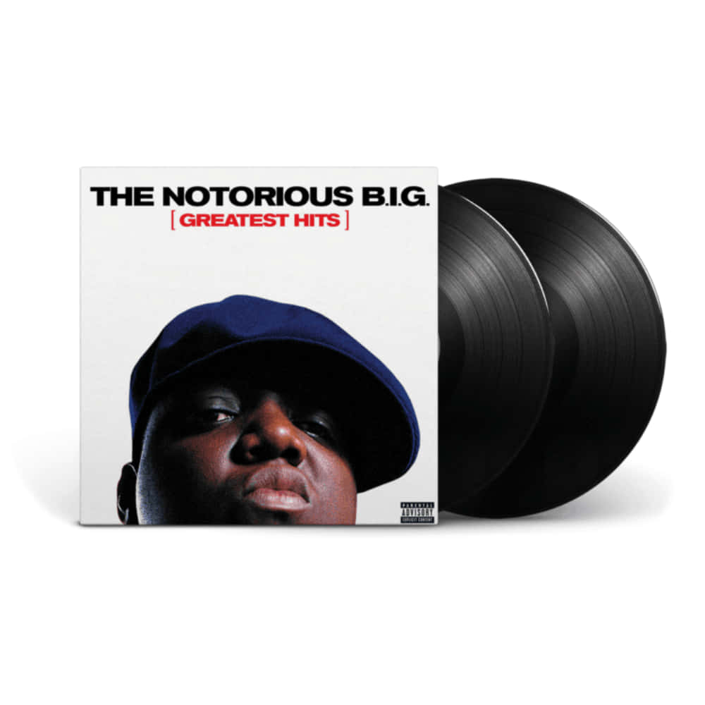 The Notorious B.I.G. Greatest Hits 專輯封面旁邊的黑膠唱片。