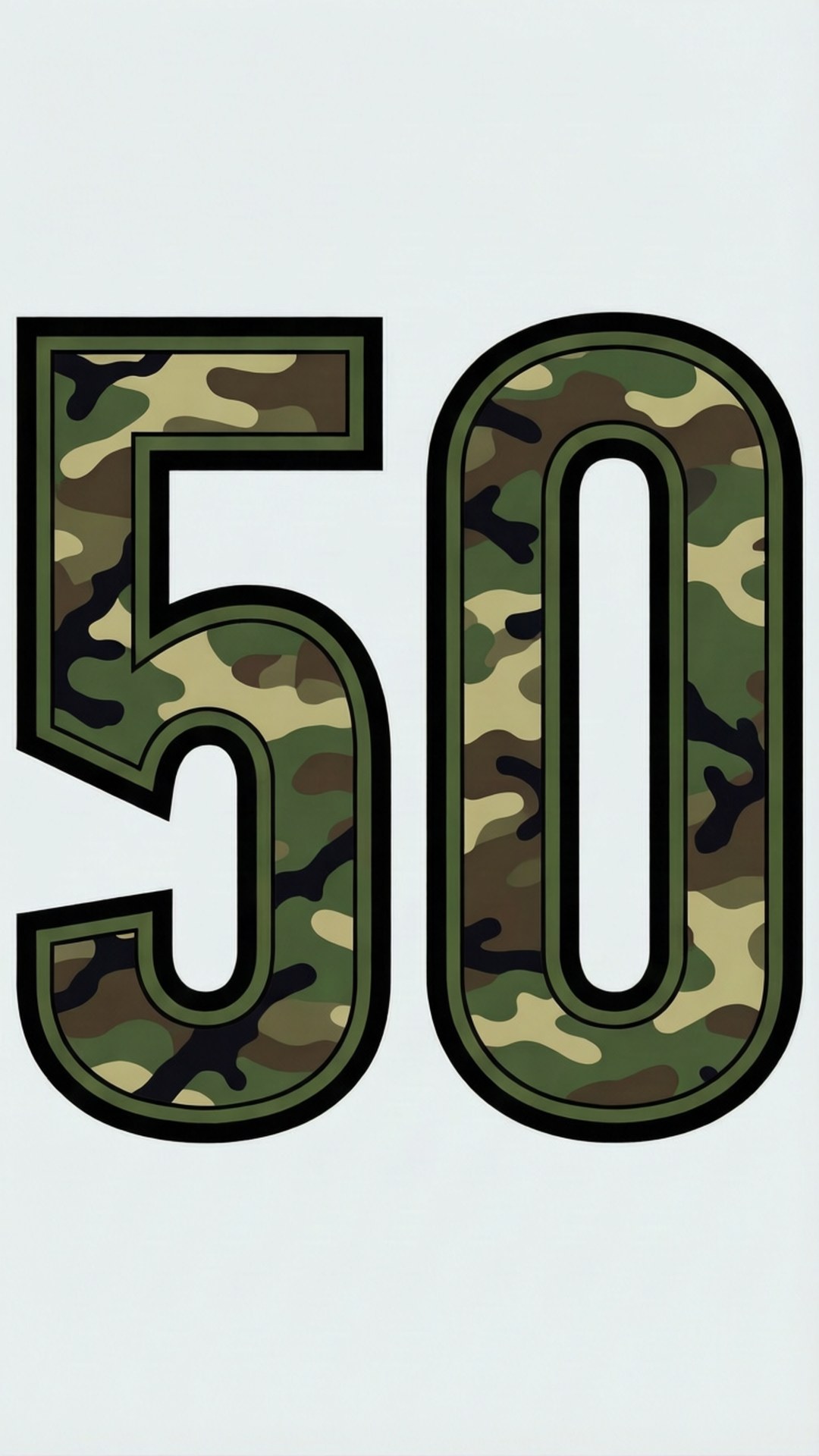 Baseball Numbers 桌布 壁紙 — 淺灰色背景上帶有黑色輪廓的粗體軍事迷彩字體的數字50。