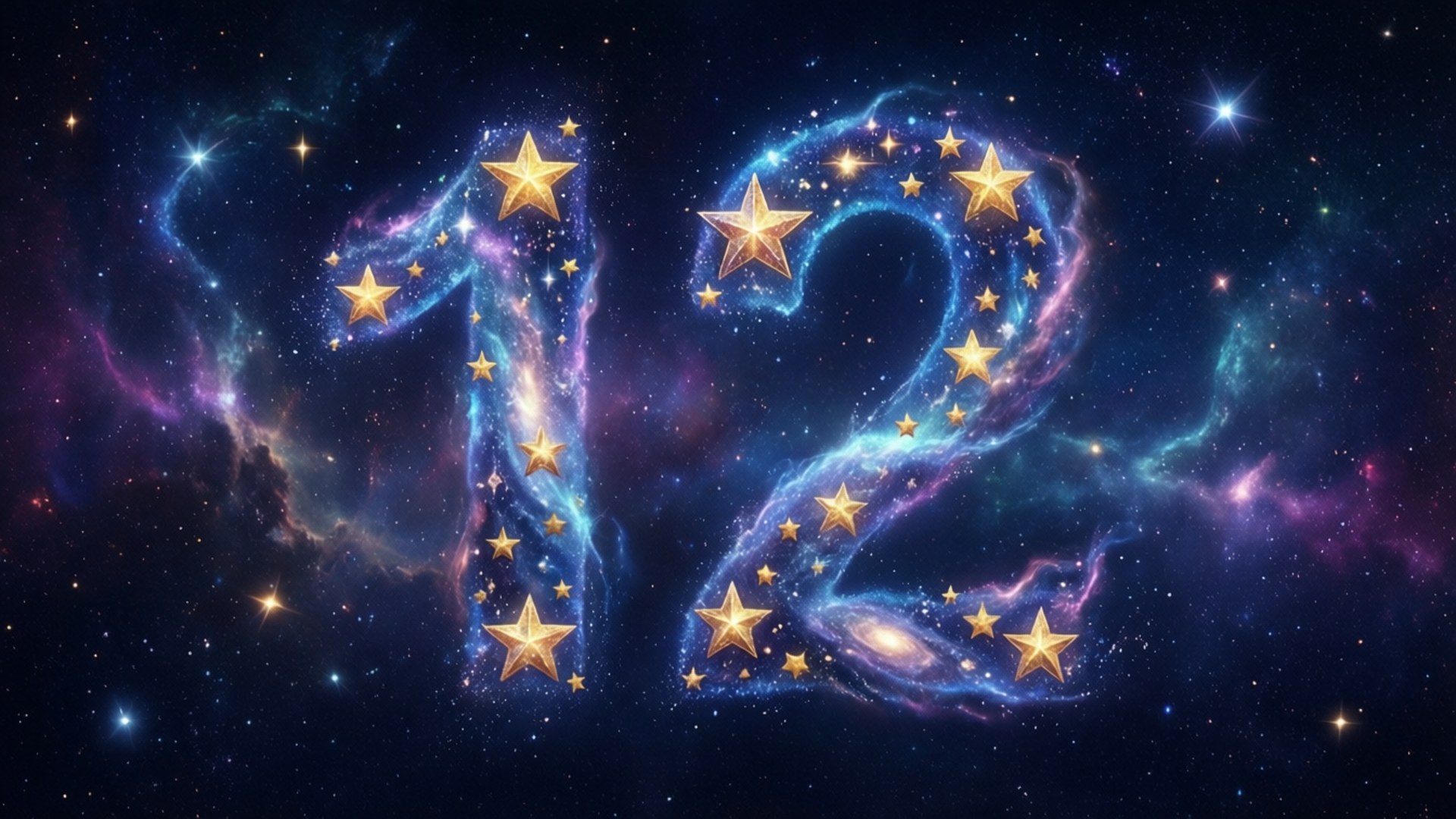 12 桌布 壁紙 — 數字十二在深邃太空背景下，以金色星星和宇宙星雲閃耀。